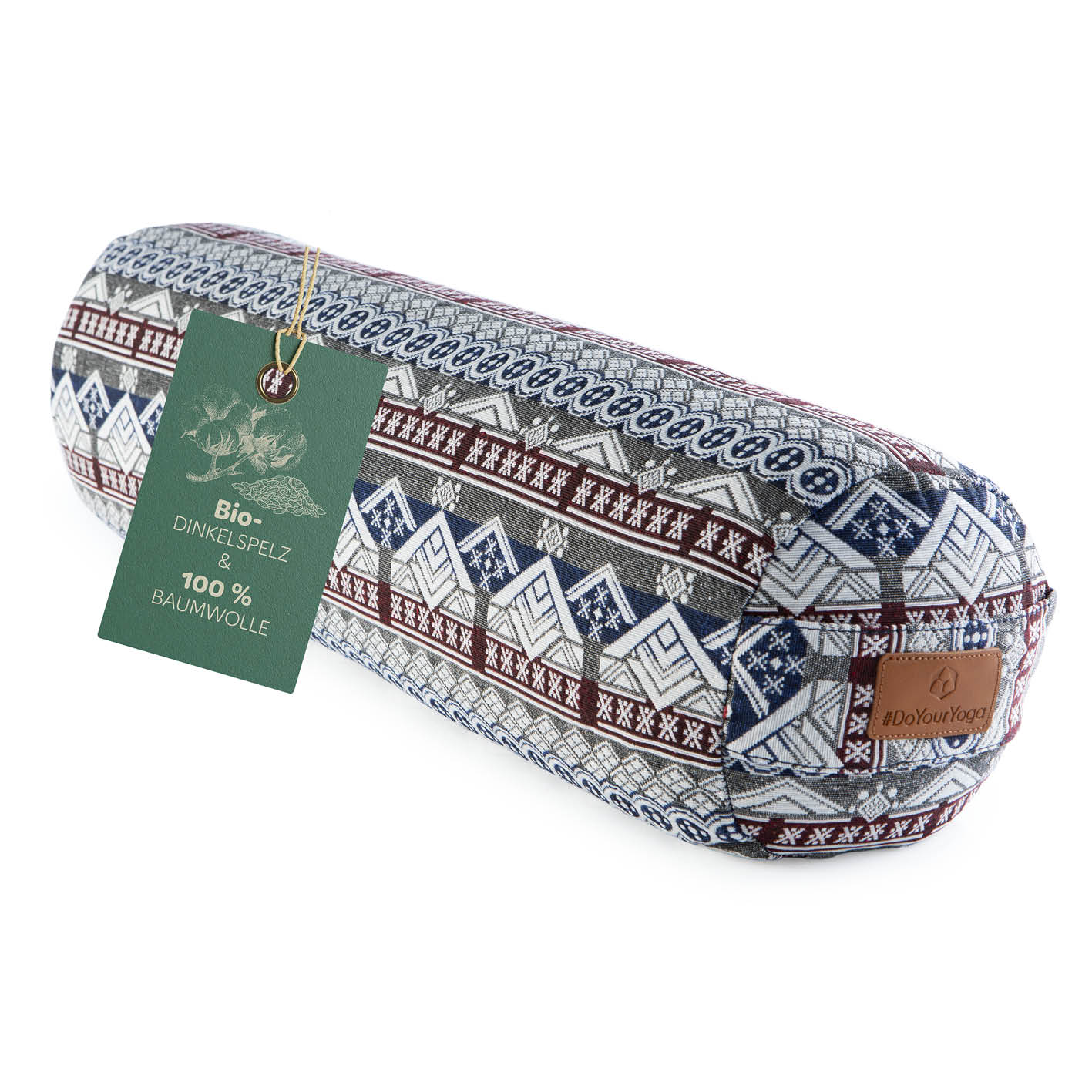 Yoga-Bolster Tarik - gefüllt mit Bio-Dinkelspelz, 68x22x22 cm, mit Baumwollbezug und indischem Design-Muster.