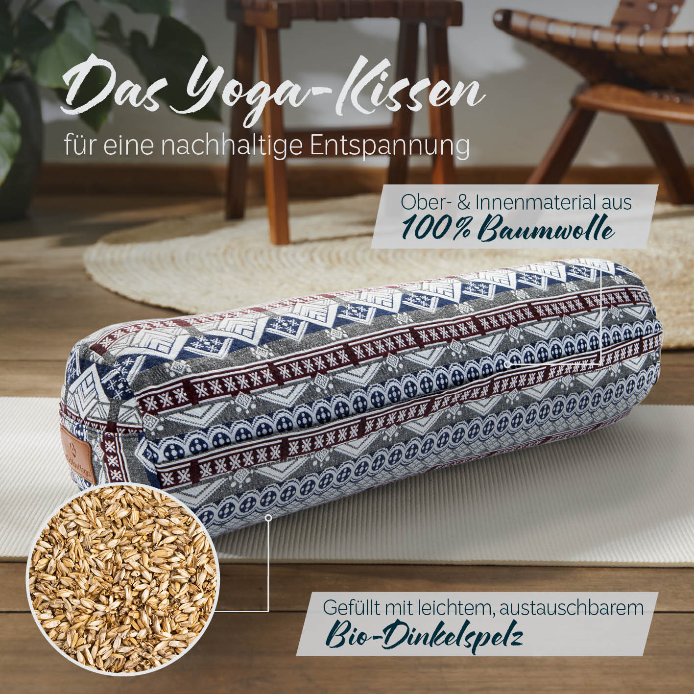 Yoga-Bolster Tarik - gefüllt mit Bio-Dinkelspelz, 68 x 22 x 22 cm, nachhaltiges Meditationskissen mit Baumwollbezug im indischen Design.