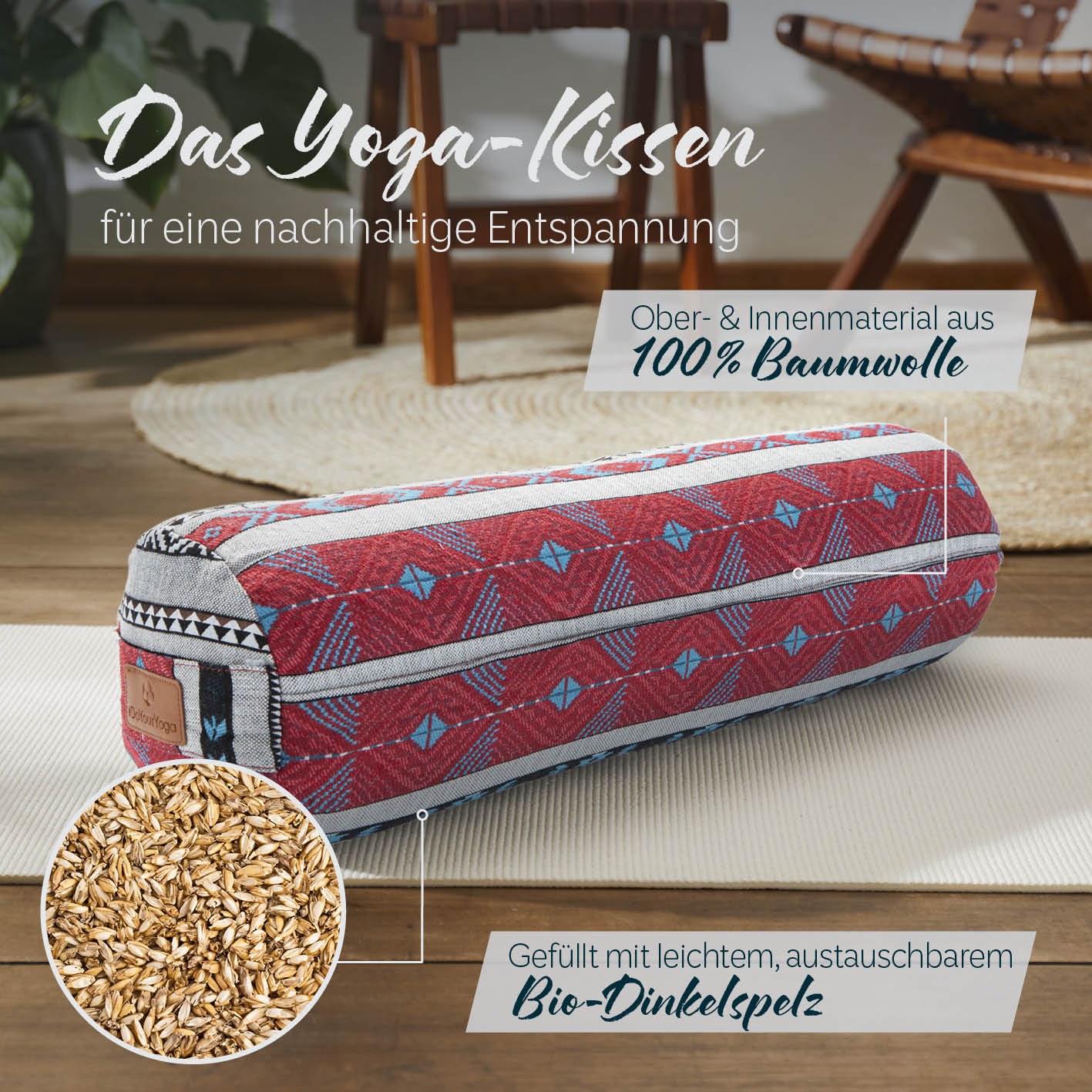 Yoga-Bolster Tarik 68x22x22 cm mit Bio-Dinkelspelz gefüllt, 100% Baumwolle, stilvolles Meditations- und Yogakissen im indischen Design.