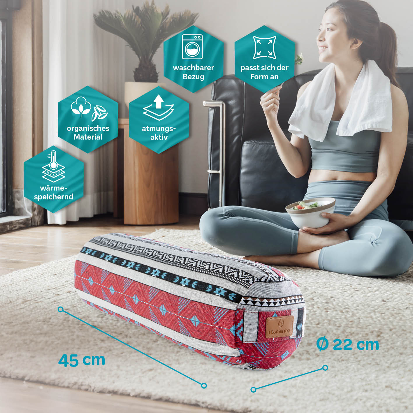 Yoga-Bolster Tarik – gefüllt mit Bio-Dinkelspelz, 68x22x22 cm, atmungsaktiv, waschbarer Bezug, organisches Material, passend für Yoga und Meditation.