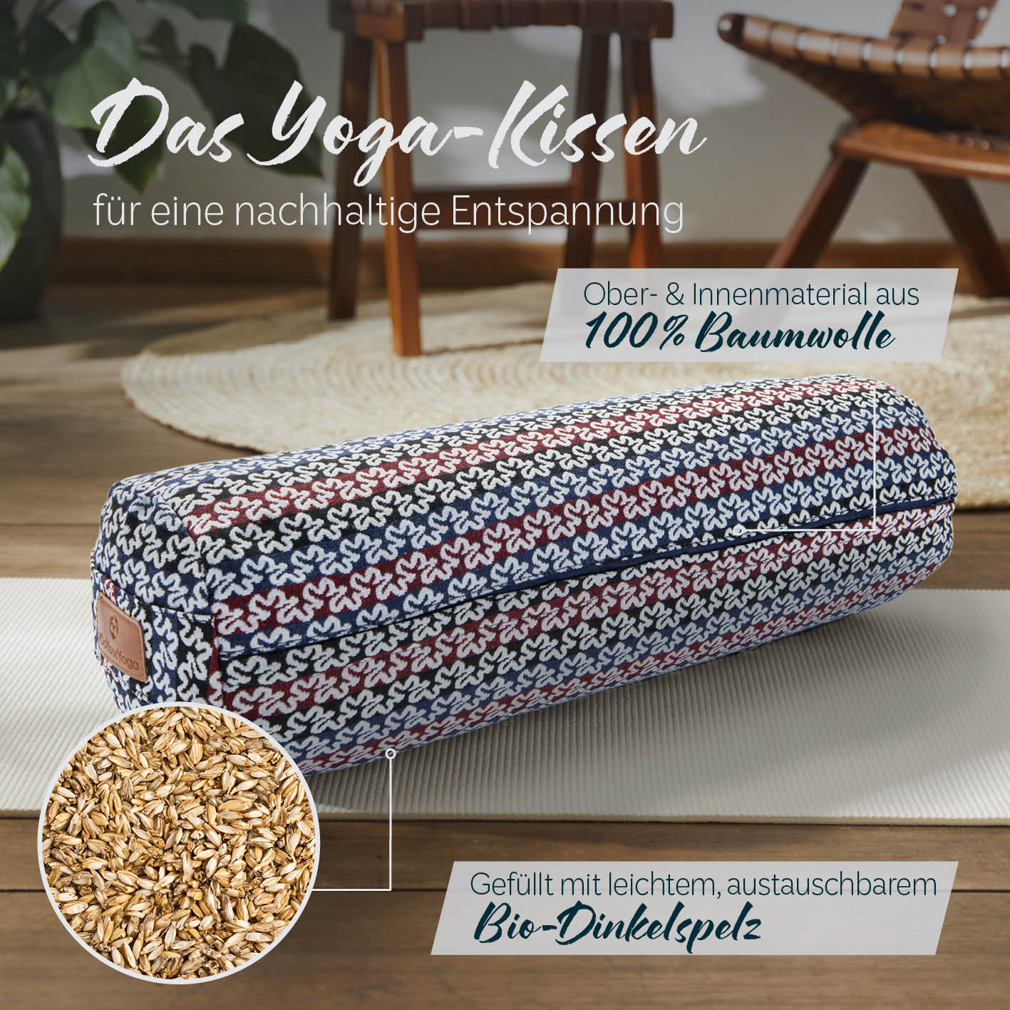 Yoga-Bolster Tarik - gefüllt mit Bio-Dinkelspelz, 68x22x22 cm, aus 100% Baumwolle, ideal für Meditation und Yoga.