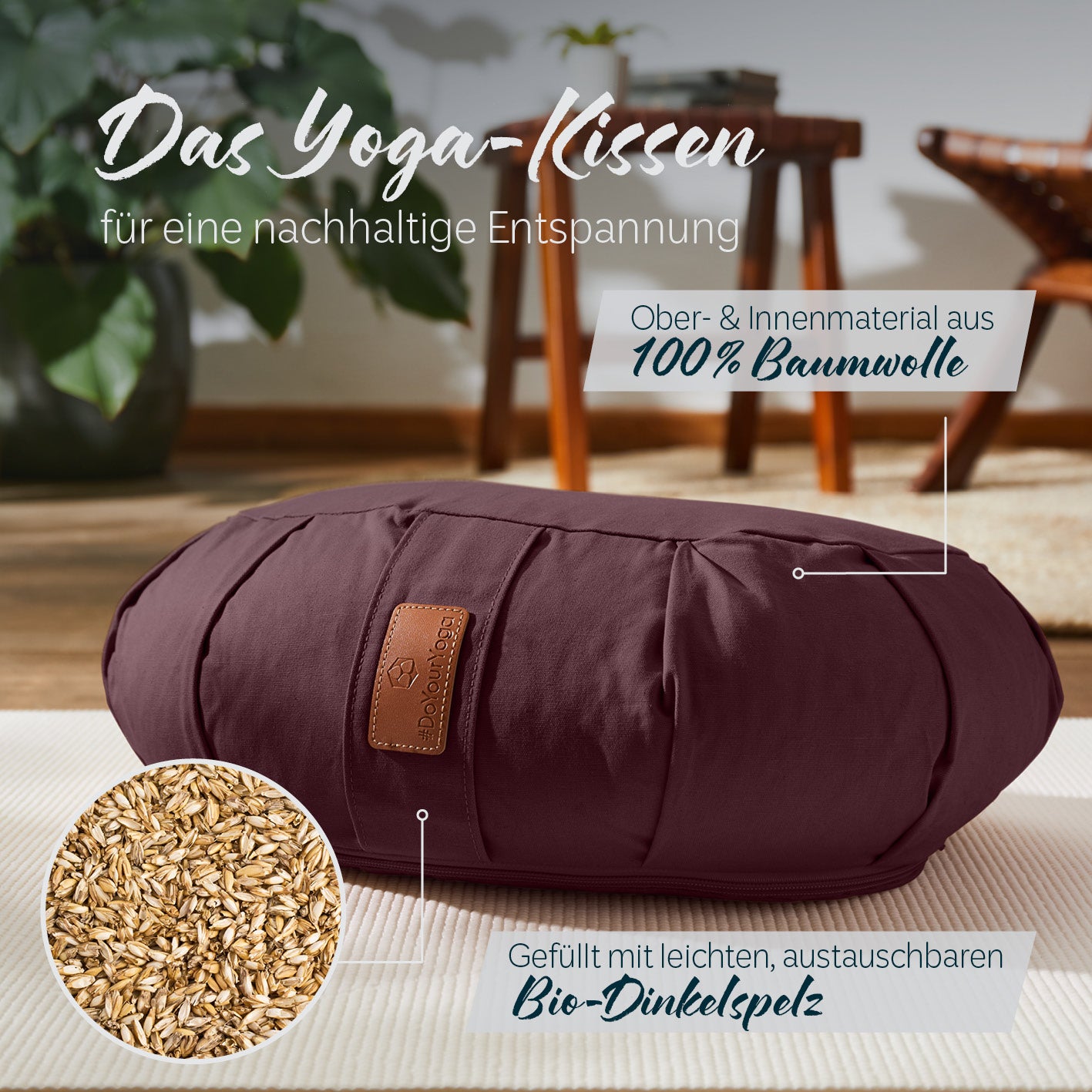 Yoga-Kissen Ganesh - gefüllt mit Bio-Dinkelspelz - Halbmond 45 x 30 x 14 cm - Braun, 100% Baumwolle, nachhaltig und komfortabel.