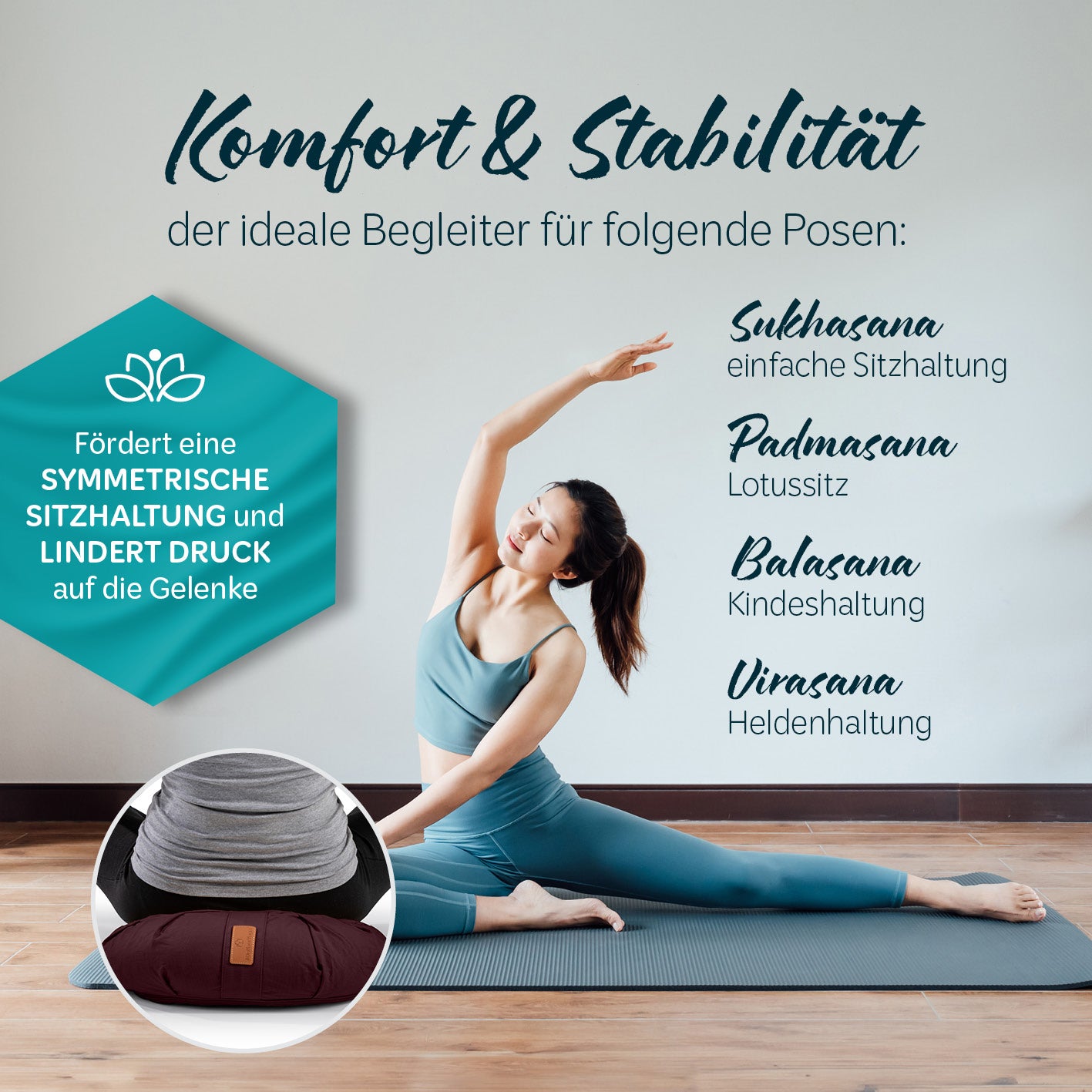 Yoga-Kissen Ganesh - gefüllt mit Bio-Dinkelspelz - Halbmond 45 x 30 x 14 cm - Braun, ideal für Yoga und Meditation.