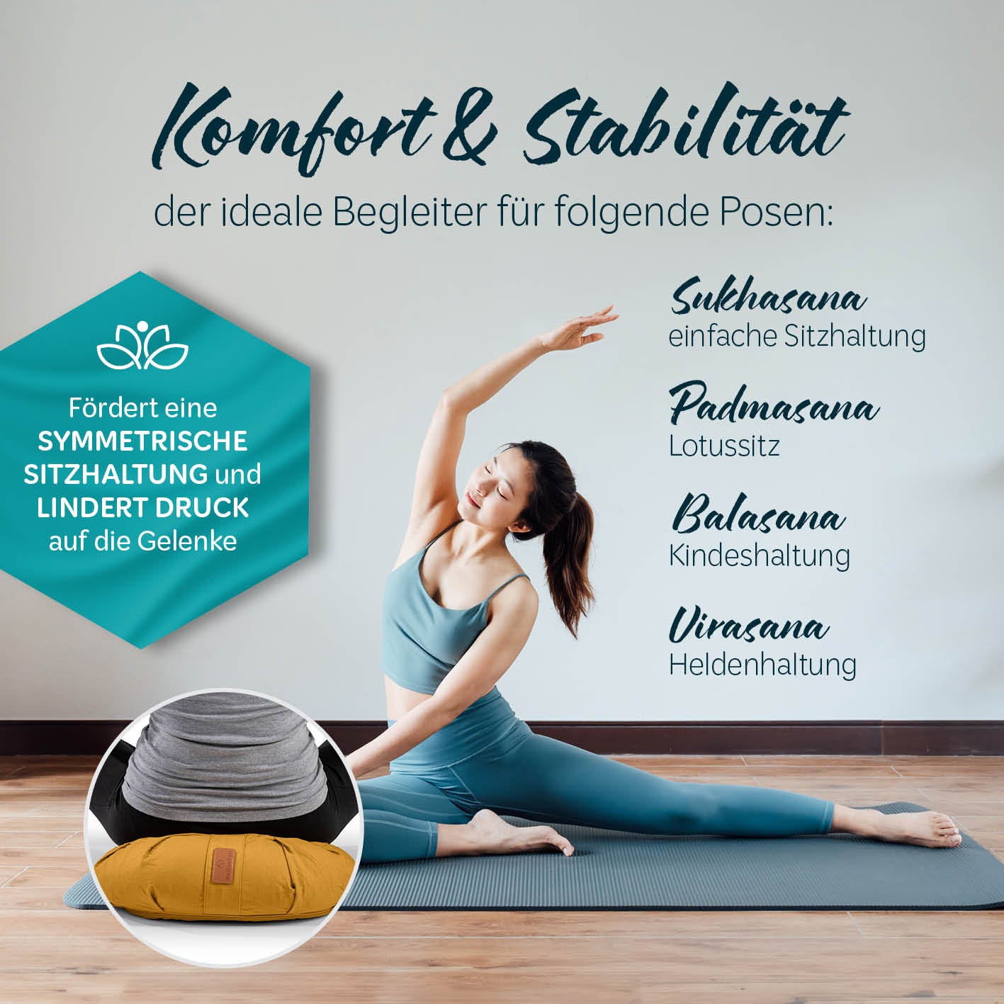 Yoga-Kissen Ganesh in Indischgelb, gefüllt mit Bio-Dinkelspelz, als Meditations- und Yogakissen für Komfort und Stabilität.