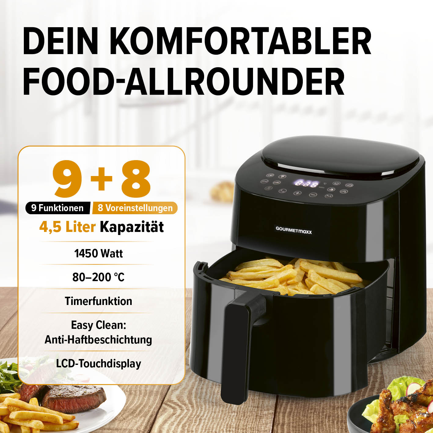 Heißluftfritteuse - 4,5 l von GOURMETmaxx mit 9 Funktionen, 1450 Watt, LCD-Touchdisplay und Timerfunktion für fettarmes Frittieren.