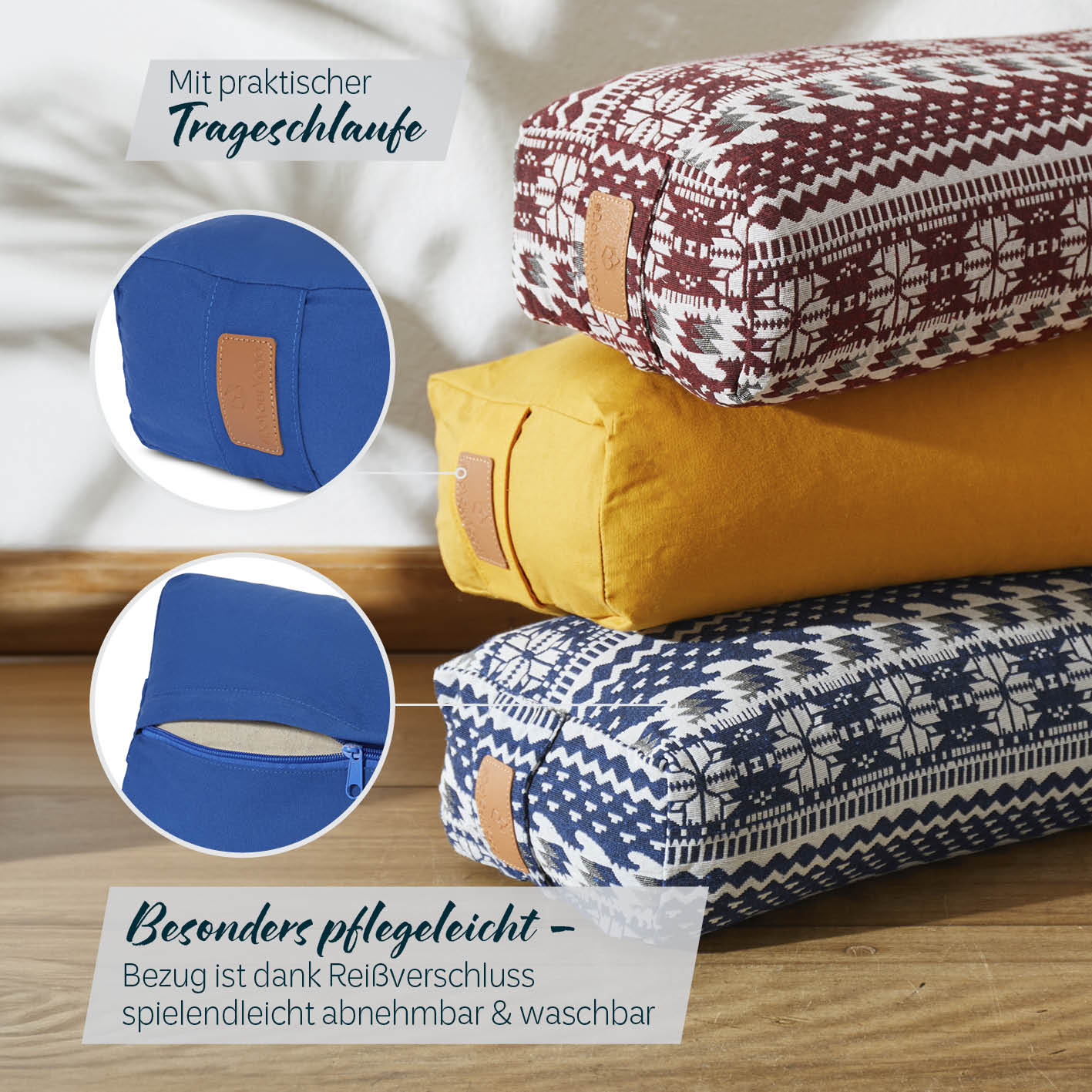 Yoga-Bolster Paravati Navyblau mit Bio-Buchweizenschalen, abnehmbarer Bezug mit Reißverschluss, pflegeleicht und praktisch im Design.