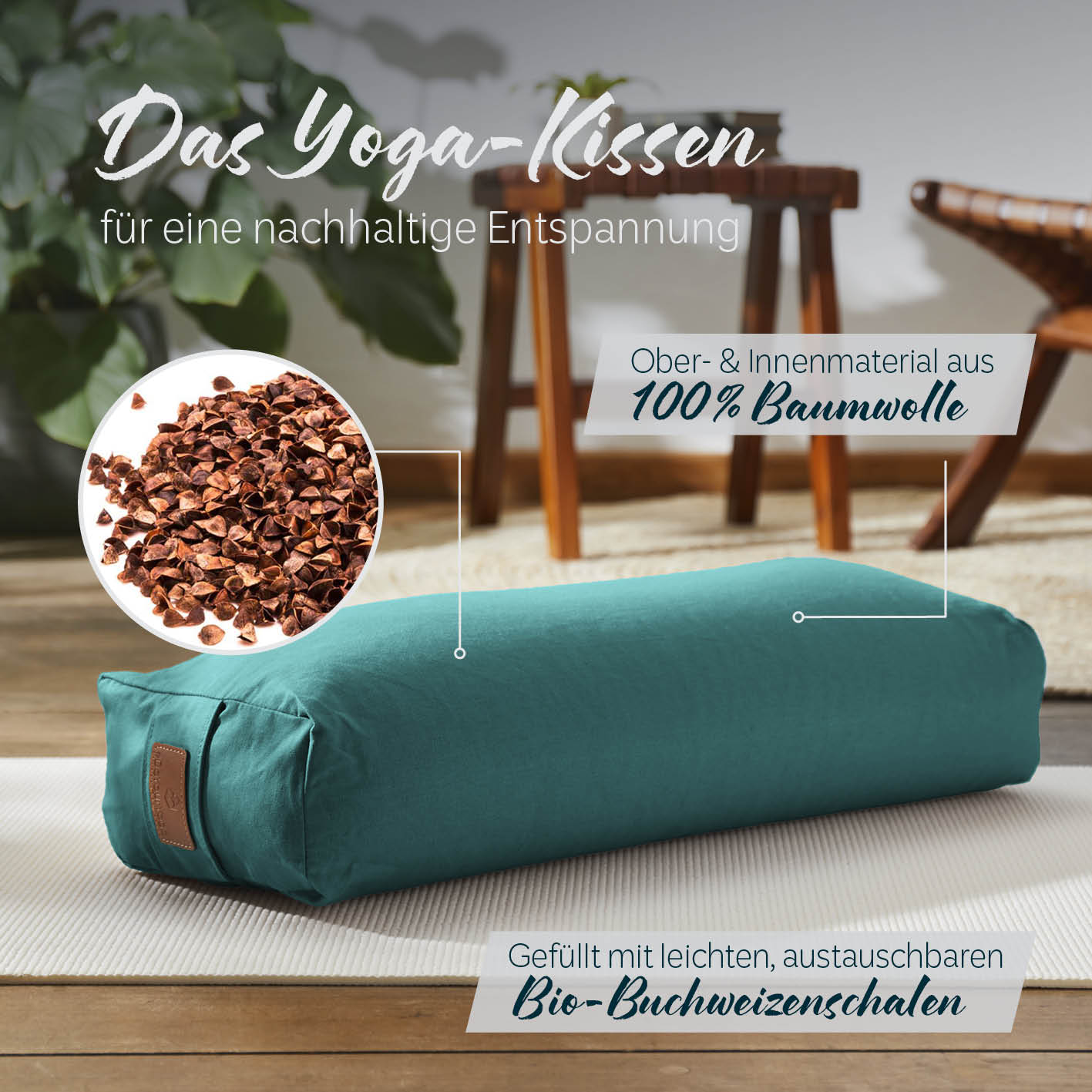Yoga-Bolster Paravati gefüllt mit Bio-Buchweizenschalen, Bezug aus 100% Baumwolle, dunkelgrün, 67 x 22 x 13 cm.