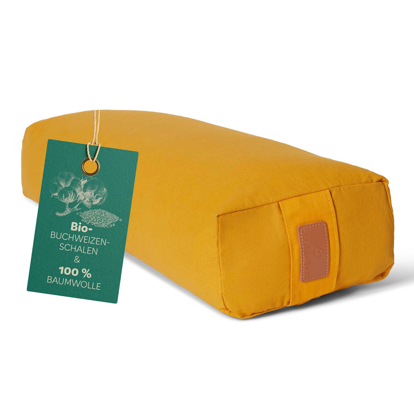 Yoga-Bolster Paravati gefüllt mit Bio-Buchweizenschalen, 67x22x13 cm, Indischgelb, waschbarer Bezug, nachhaltiger Bio-Anbau.