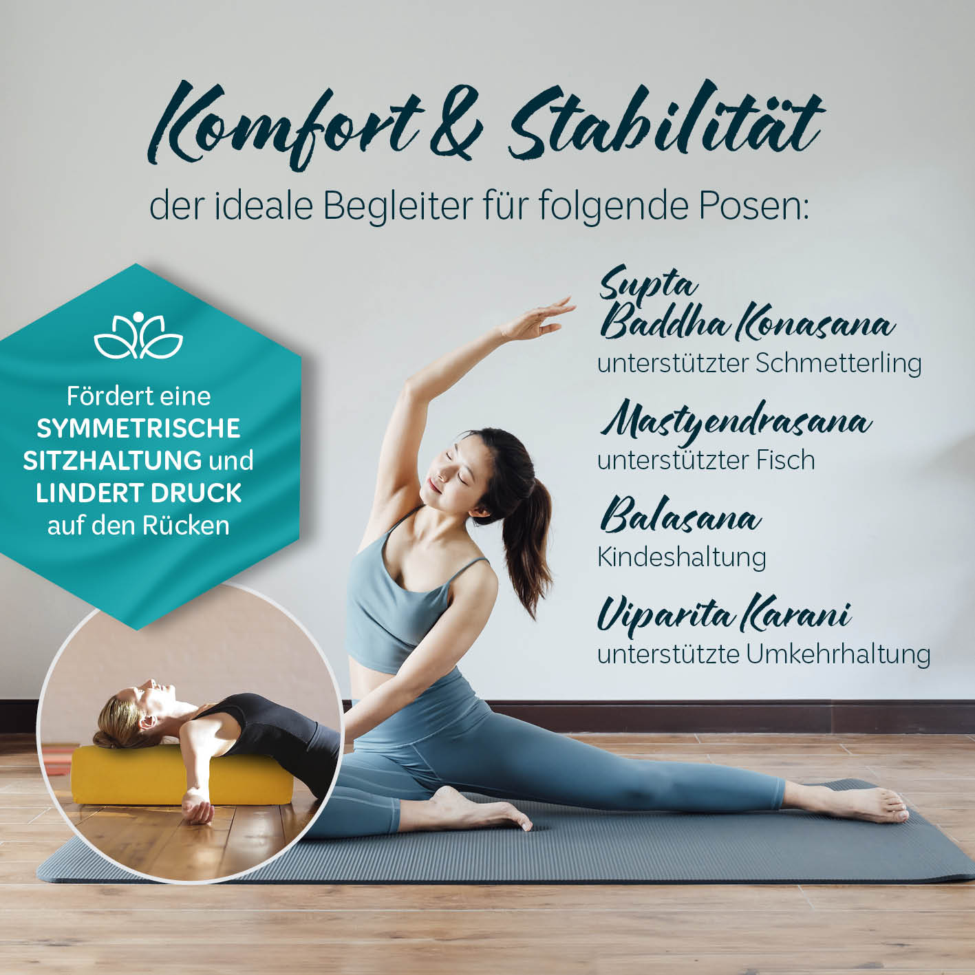 Yoga-Bolster Paravati gefüllt mit Bio-Buchweizenschalen, 67 x 22 x 13 cm, in Indischgelb für mehr Komfort und Stabilität bei Yogaübungen.