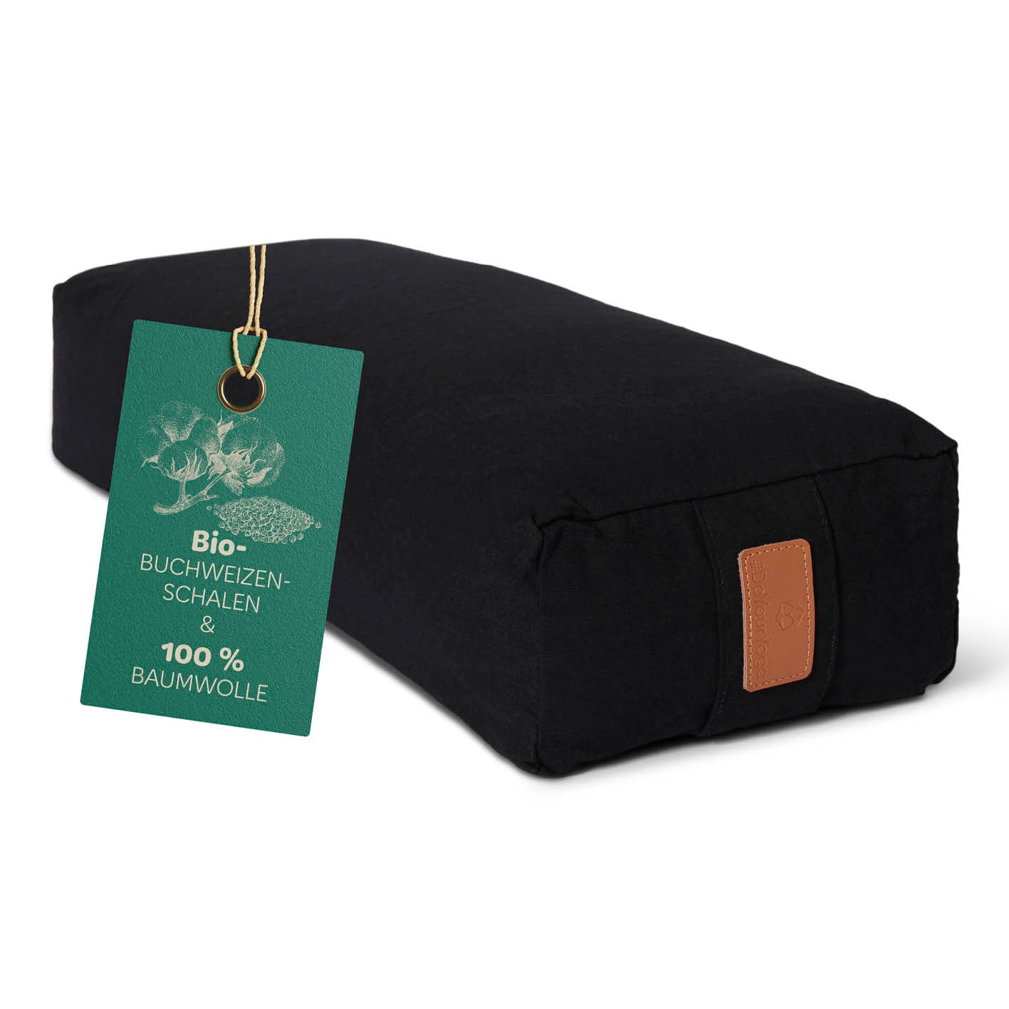 Yoga-Bolster Paravati, gefüllt mit Bio-Buchweizenschalen, 67x22x13 cm, Schwarz, mit abnehmbarem, waschbarem Bezug.