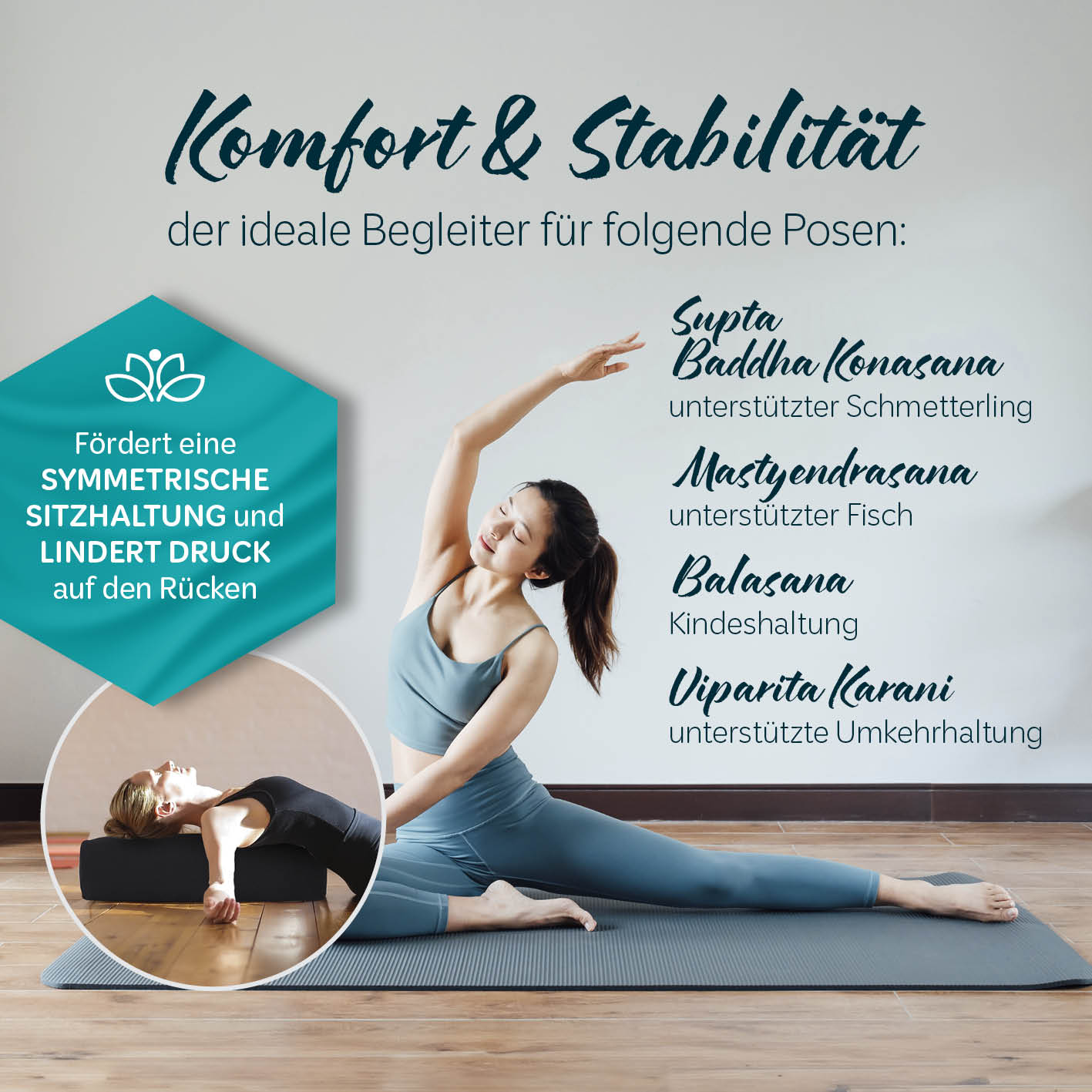 Yoga-Bolster Paravati gefüllt mit Bio-Buchweizenschalen, 67x22x13 cm, Schwarz, ideal für restorative Yoga-Übungen und Yin Yoga.