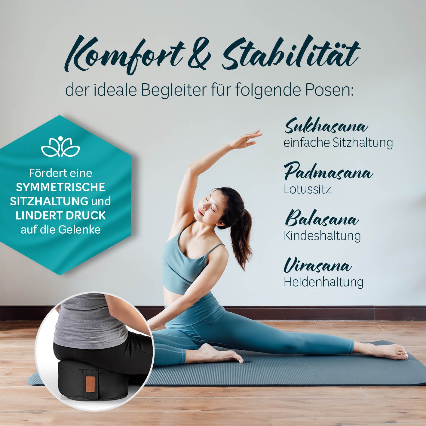 Yoga-Kissen Vishnu rund 30x30x15 cm schwarz mit Bio-Buchweizenschalen, ideal für Yoga, Pilates und Nackenkissen, 100% Baumwolle Bezug.
