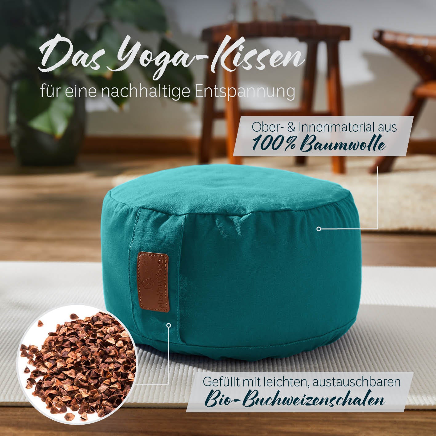 Yoga-Kissen Vishnu dunkelgrün, rund 30x30x15 cm, gefüllt mit Bio-Buchweizenschalen, Bezug 100% Baumwolle, nachhaltig und pflegeleicht.