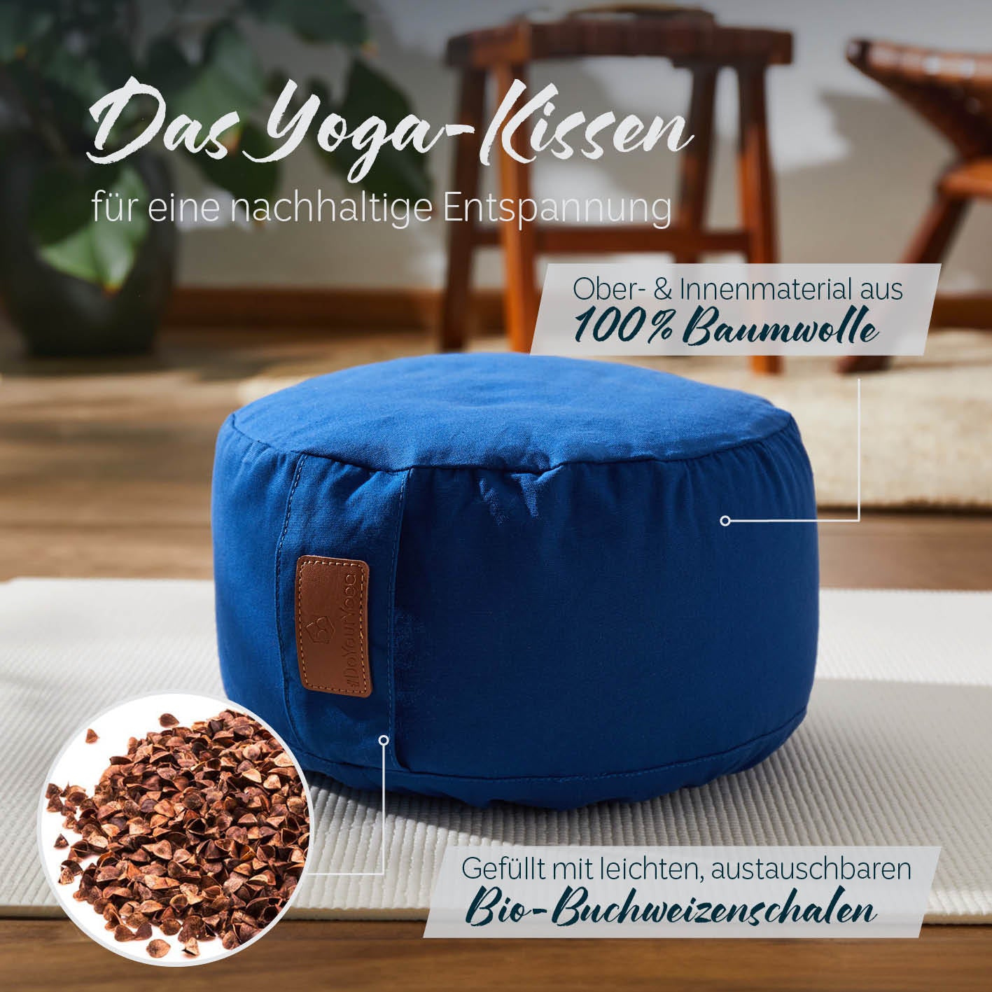 Yoga-Kissen Vishnu - gefüllt mit Bio-Buchweizenschalen, 100% Baumwolle, rund 30x30x15 cm, Navyblau, nachhaltig und komfortabel.