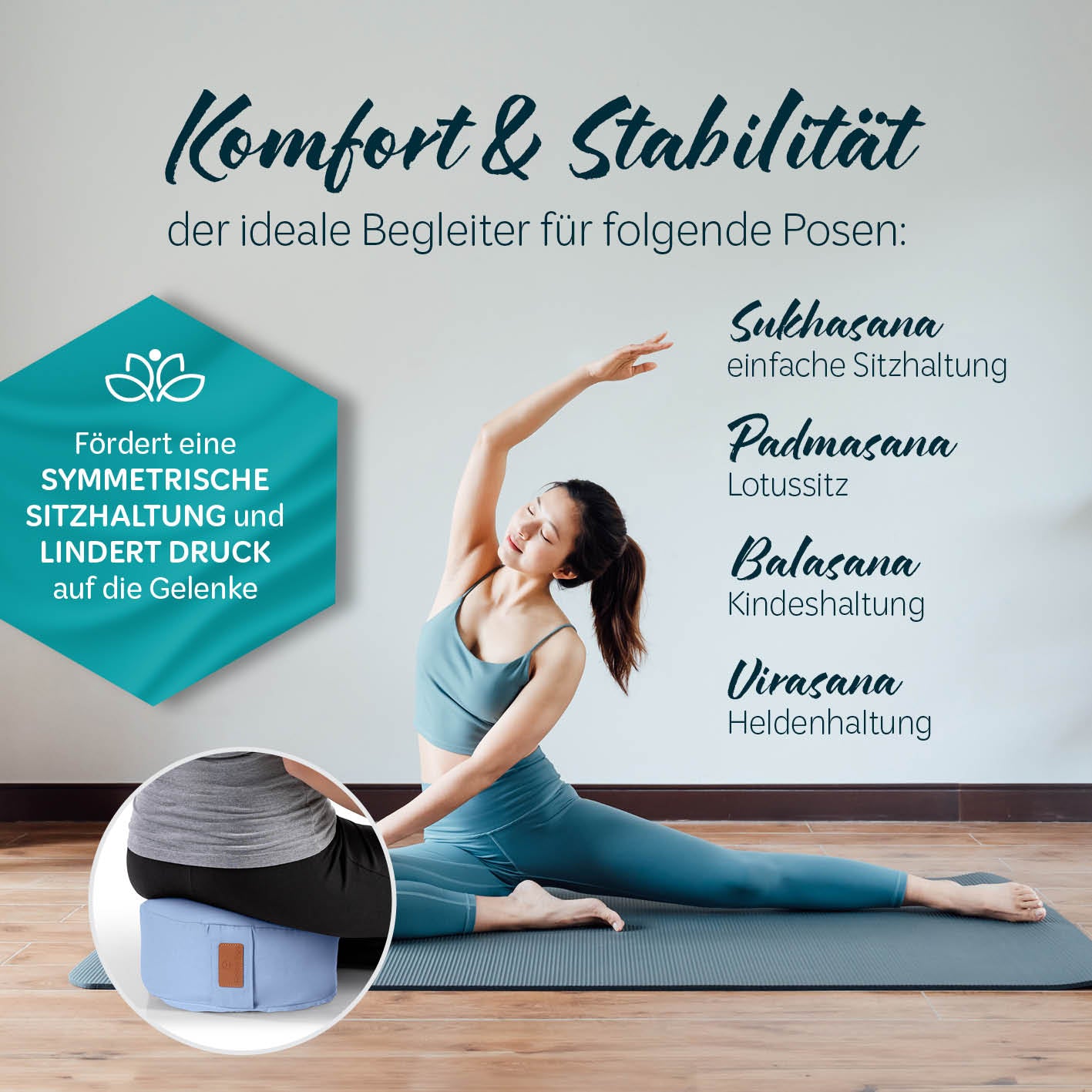 Yoga-Kissen Vishnu mit Bio-Buchweizenschalen, rund 30x30x15 cm, Lavendel, ideal für Symmetrie und Komfort bei Yoga-Posen.