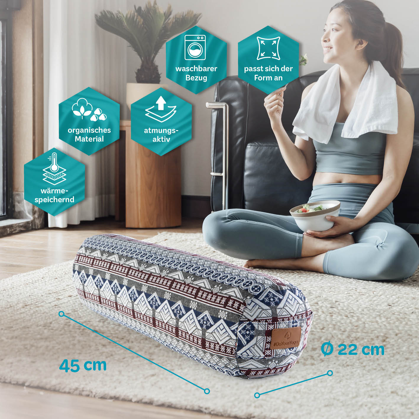Yoga-Bolster Tarik - gefüllt mit Bio-Buchweizenschalen, 68 x 22 x 22 cm, waschbarer Bezug, organisch und wärmespeichernd.