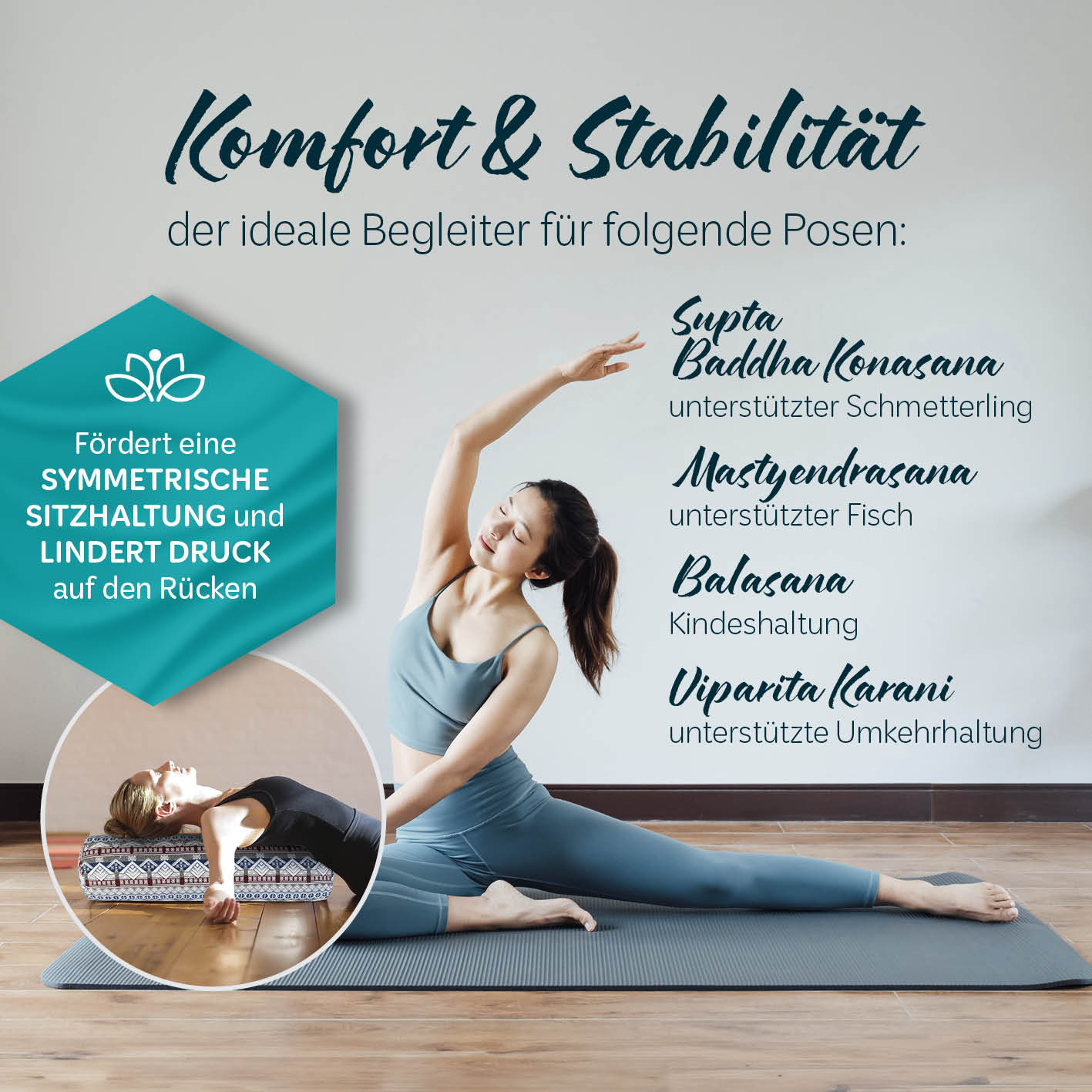 Yoga-Bolster Tarik mit Bio-Buchweizenschalen, 68 x 22 x 22 cm, bietet Komfort und Stabilität für verschiedene Yoga-Posen.