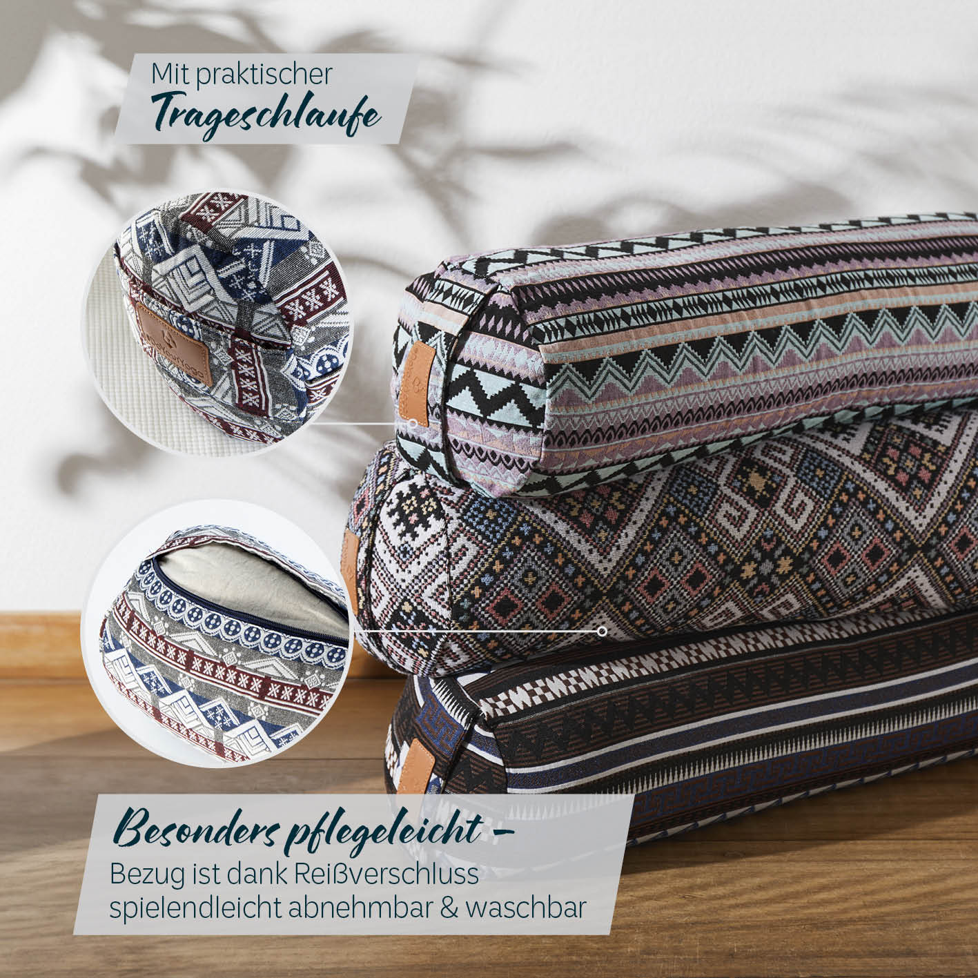 Yoga-Bolster Tarik mit Bio-Buchweizenschalen, 68x22x22 cm, indisches Design, abnehmbarer Bezug mit Reißverschluss, pflegeleicht.