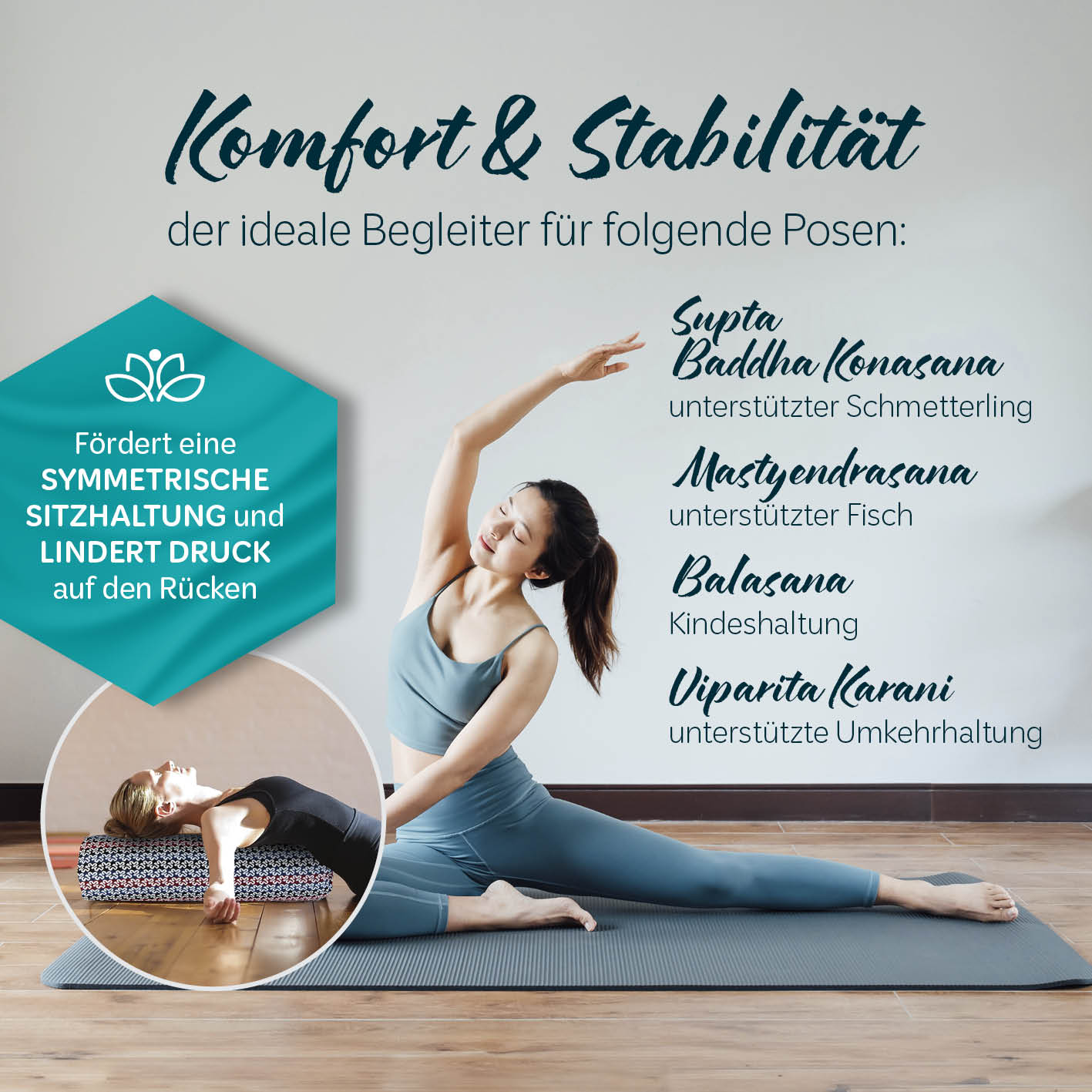 Yoga-Bolster Tarik - gefüllt mit Bio-Buchweizenschalen, ideal für Meditation und Yoga, fördert symmetrische Sitzhaltung und Rückendrucklinderung.