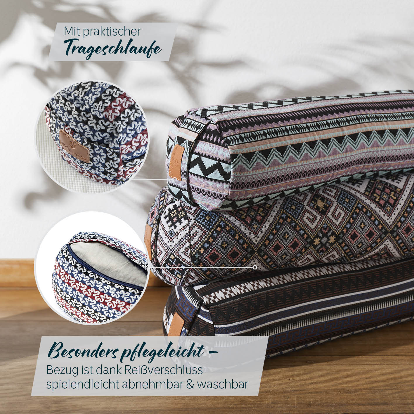 Yoga-Bolster Tarik gefüllt mit Bio-Buchweizenschalen, 68x22x22 cm, abnehmbarer, waschbarer Bezug, praktischer Tragegriff, Style 17.