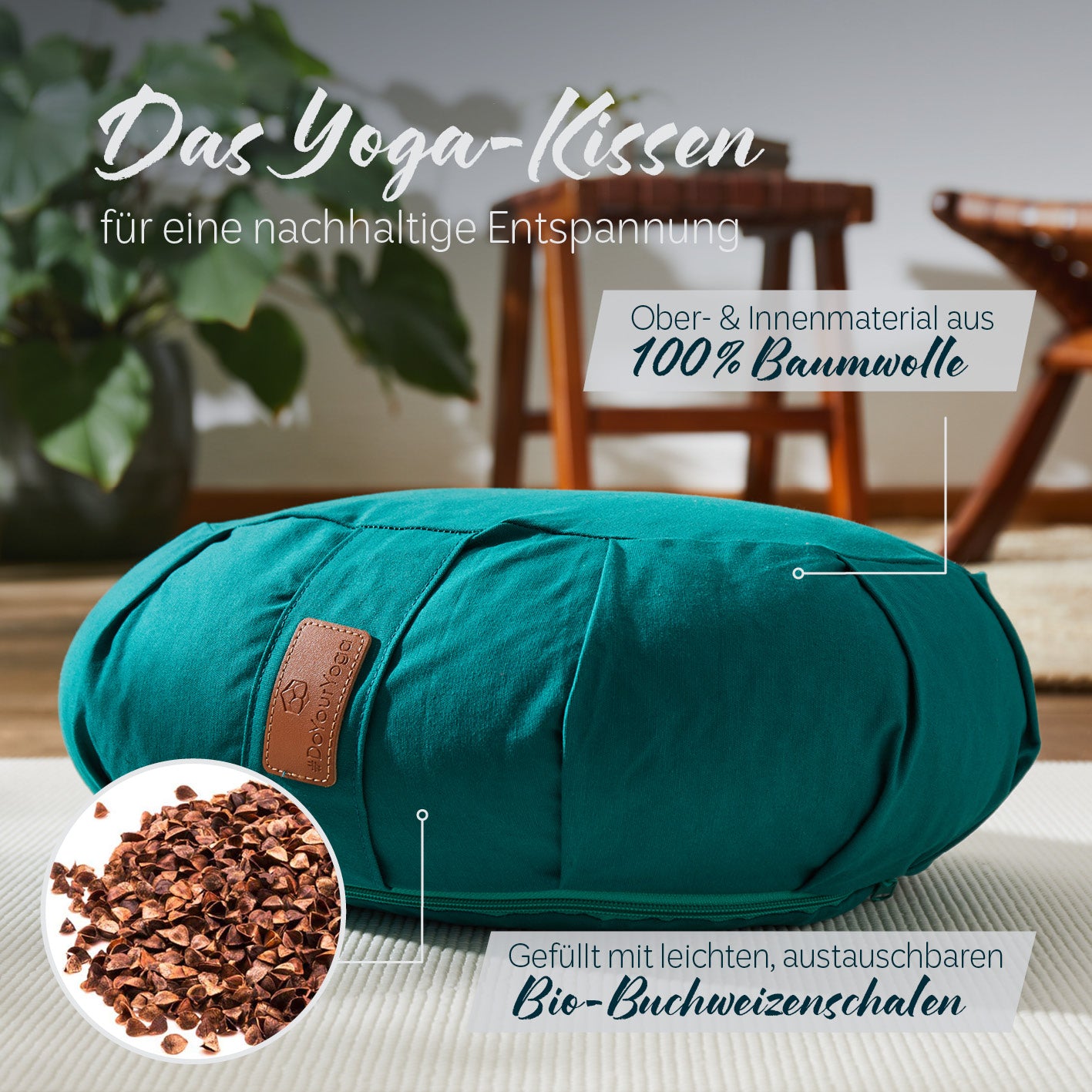 Yoga-Kissen Ganesh in Dunkelgrün, gefüllt mit Bio-Buchweizenschalen, Bezug aus 100% Baumwolle, für Meditation und Yoga.