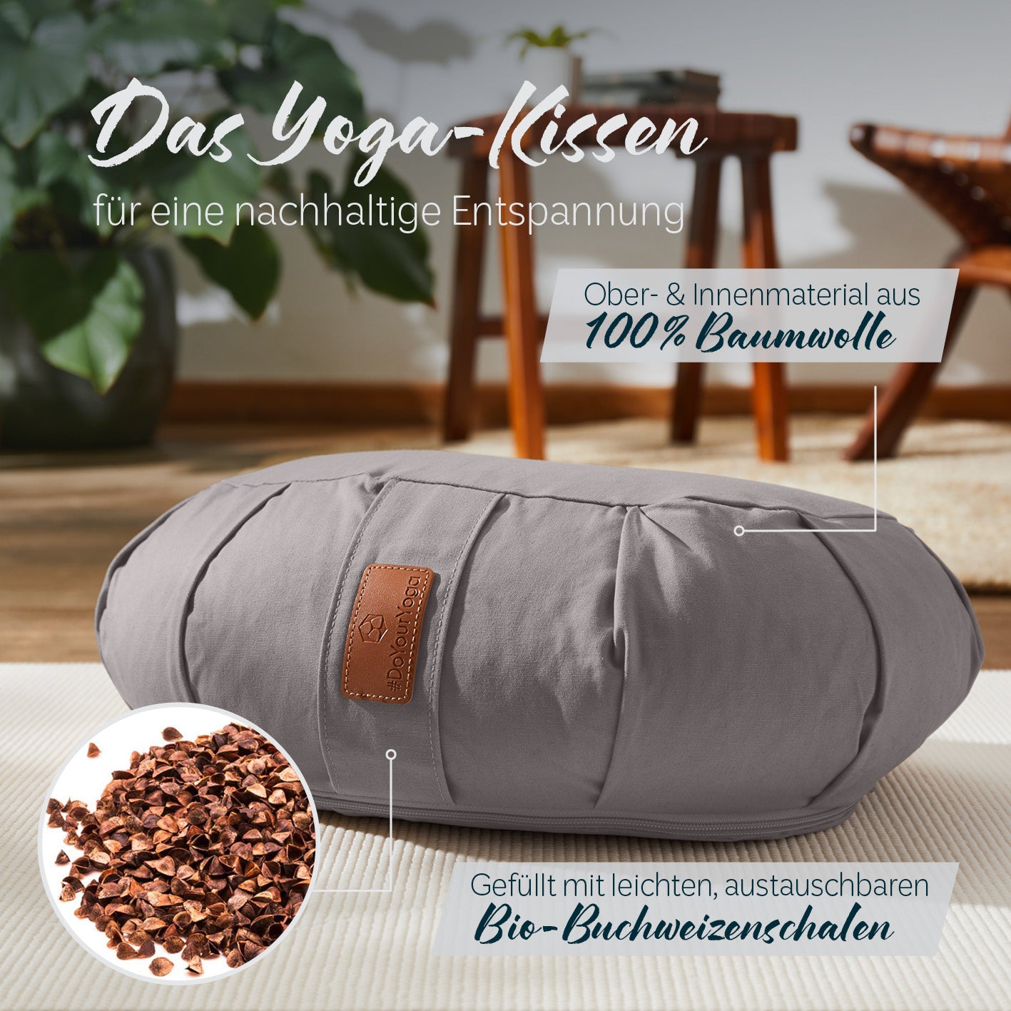 Yoga-Kissen Ganesh - gefüllt mit Bio-Buchweizenschalen - Halbmond 45 x 30 x 14 cm - Grau als Meditations- und Sitzkissen aus Baumwolle