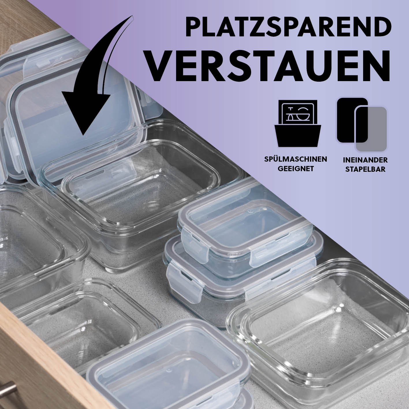 Frischhaltedosen Klick-it, 12-tlg., Grau – stapelbare, luftdichte Glasdosen, spülmaschinengeeignet für platzsparende Aufbewahrung.