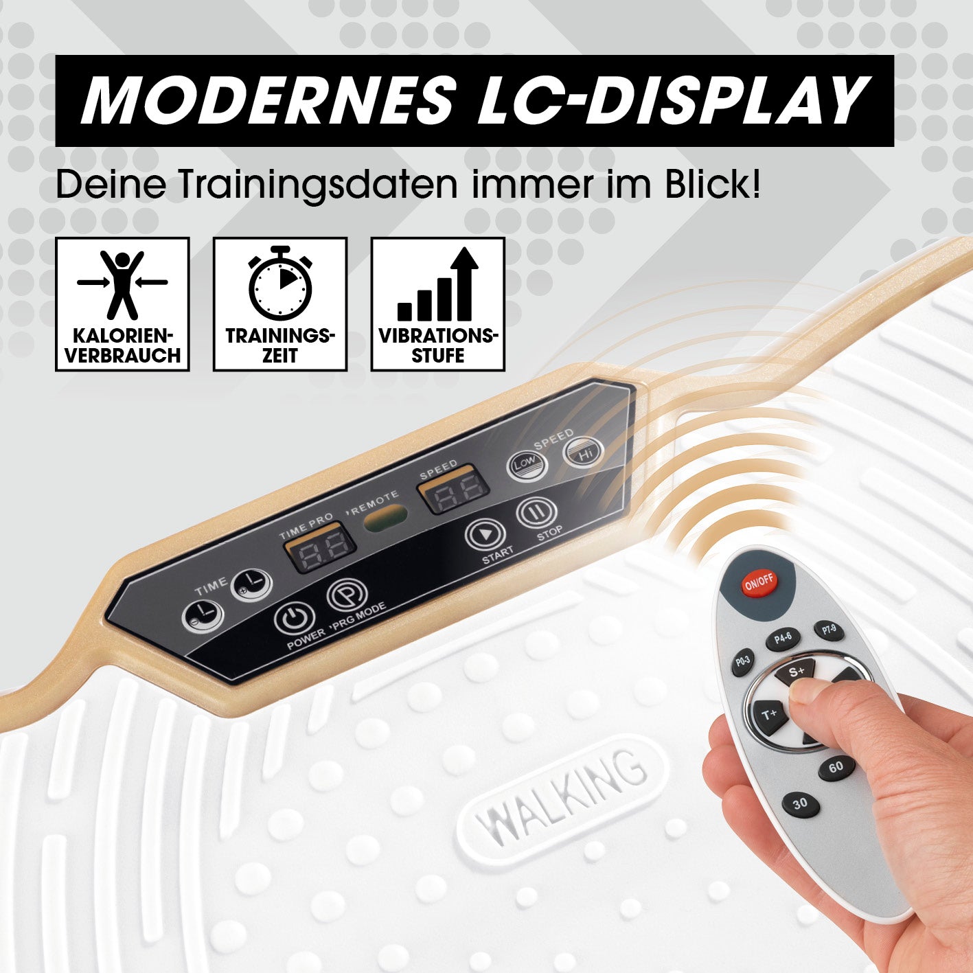 Vibrationstrainer mit Expanderbändern - weiß/champagner mit großem LC-Display zeigt Trainingszeit, Kalorienverbrauch und Vibrationsstufe an.