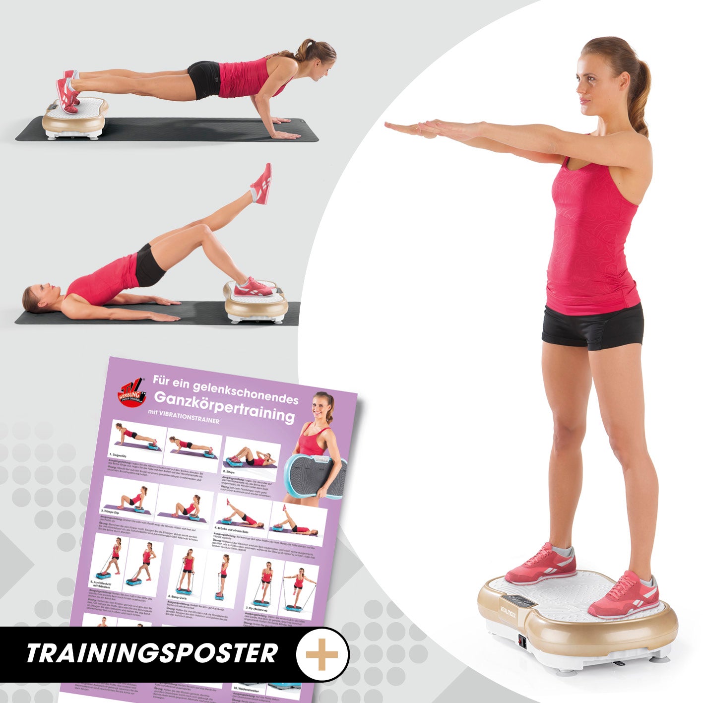 Vibrationstrainer mit Expanderbändern - weiß/champagner, Ganzkörpertraining, 99 Vibrationsstufen, rutschfeste Fläche, inkl. Trainingsposter.