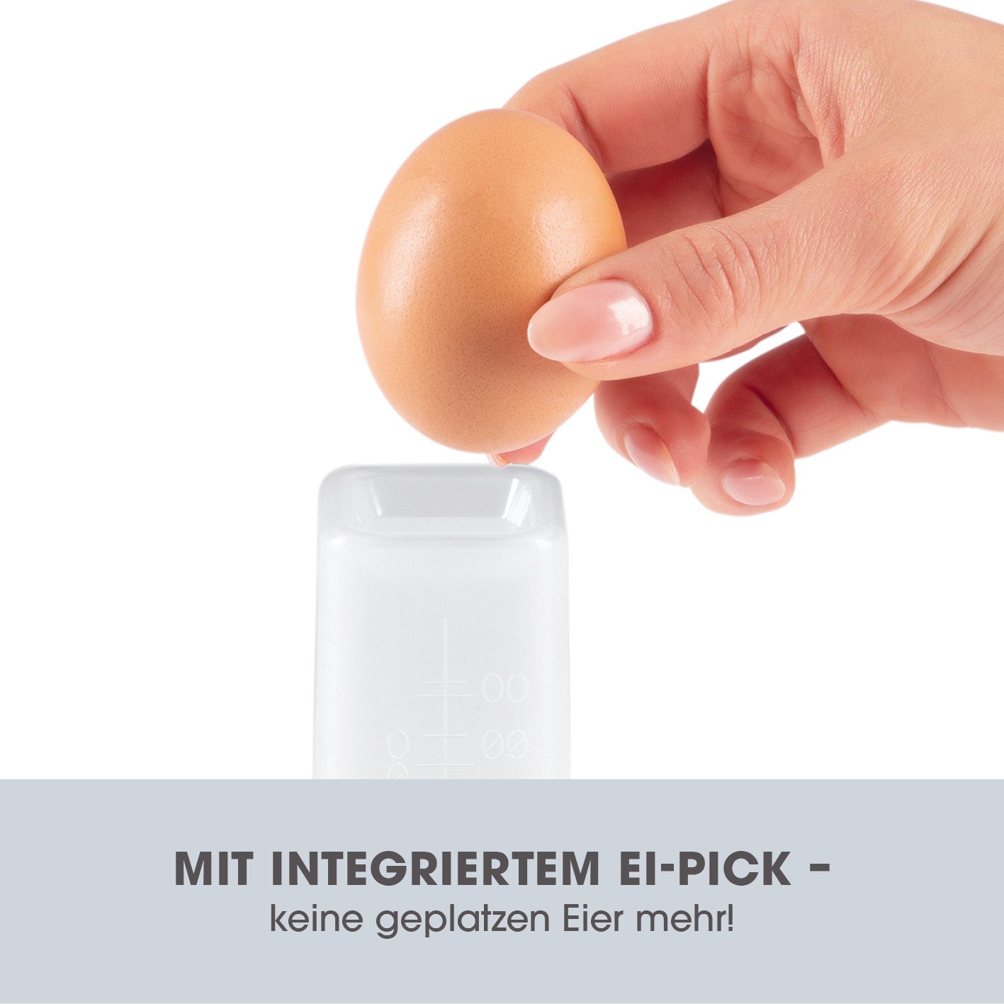 Design-Eierkocher 2 Eier - Edelstahl mit integriertem Ei-Pick zum Anpieksen gegen geplatzte Eier und Messbecher für optimale Wassermenge.