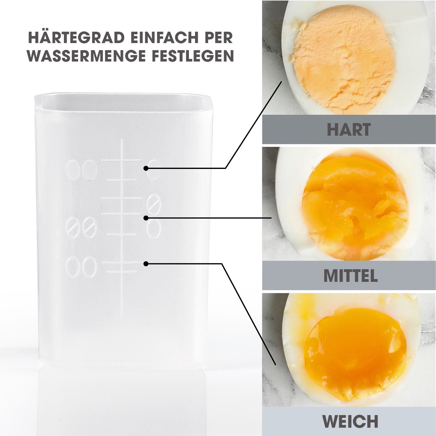 Design-Eierkocher 2 Eier - Edelstahl mit Messbecher zur Bestimmung der Härtegrade weich, mittel oder hart beim Eierkochen.