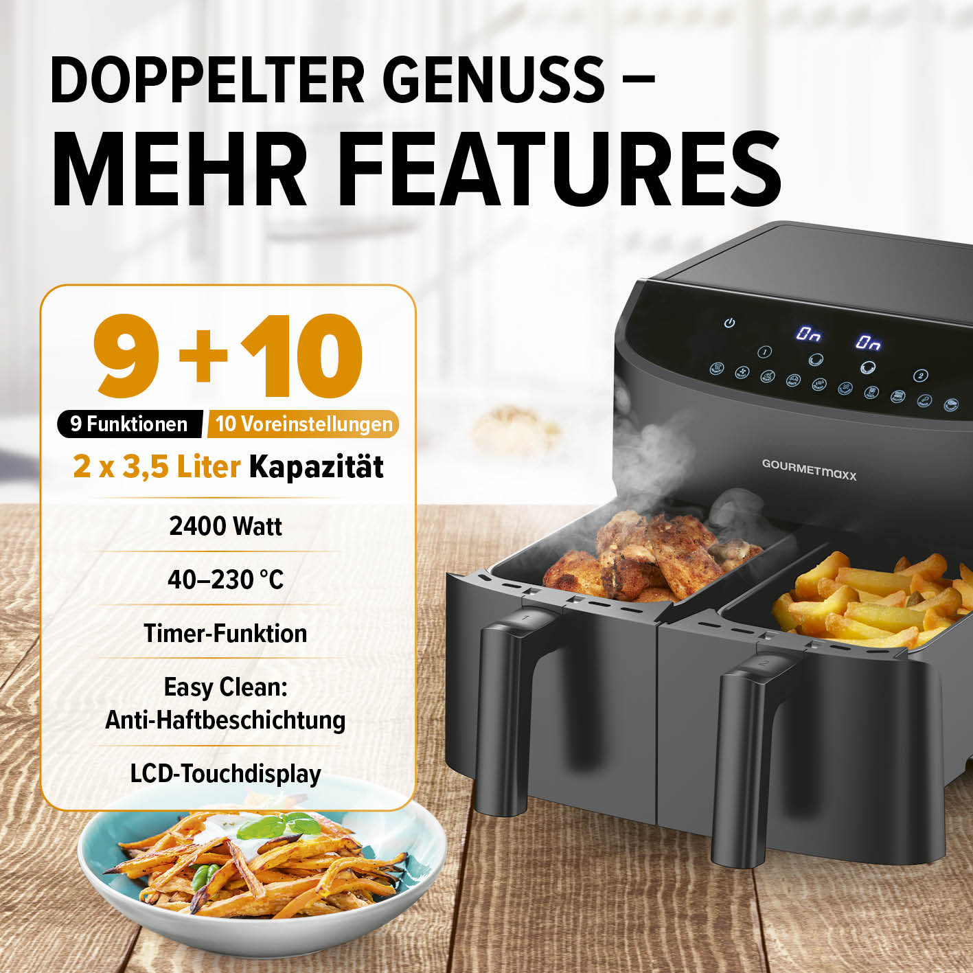 Doppelkammer-Heißluftfritteuse - 2 x 3,5 L mit 9 Funktionen, LCD Touchdisplay und 2400 W für fettarmes Frittieren.
