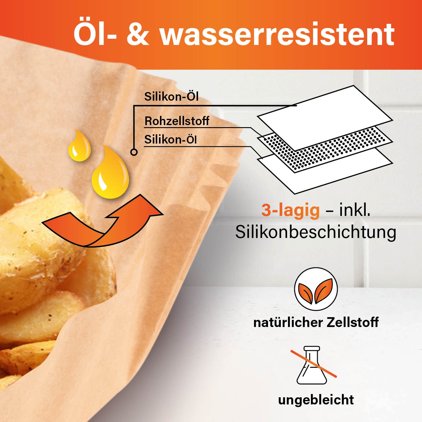 Backpapierschalen für Heißluftfritteusen (5–6 l) - 100 Stück, 3-lagig, öl- und wasserresistent mit Silikonbeschichtung aus natürlichem Zellstoff
