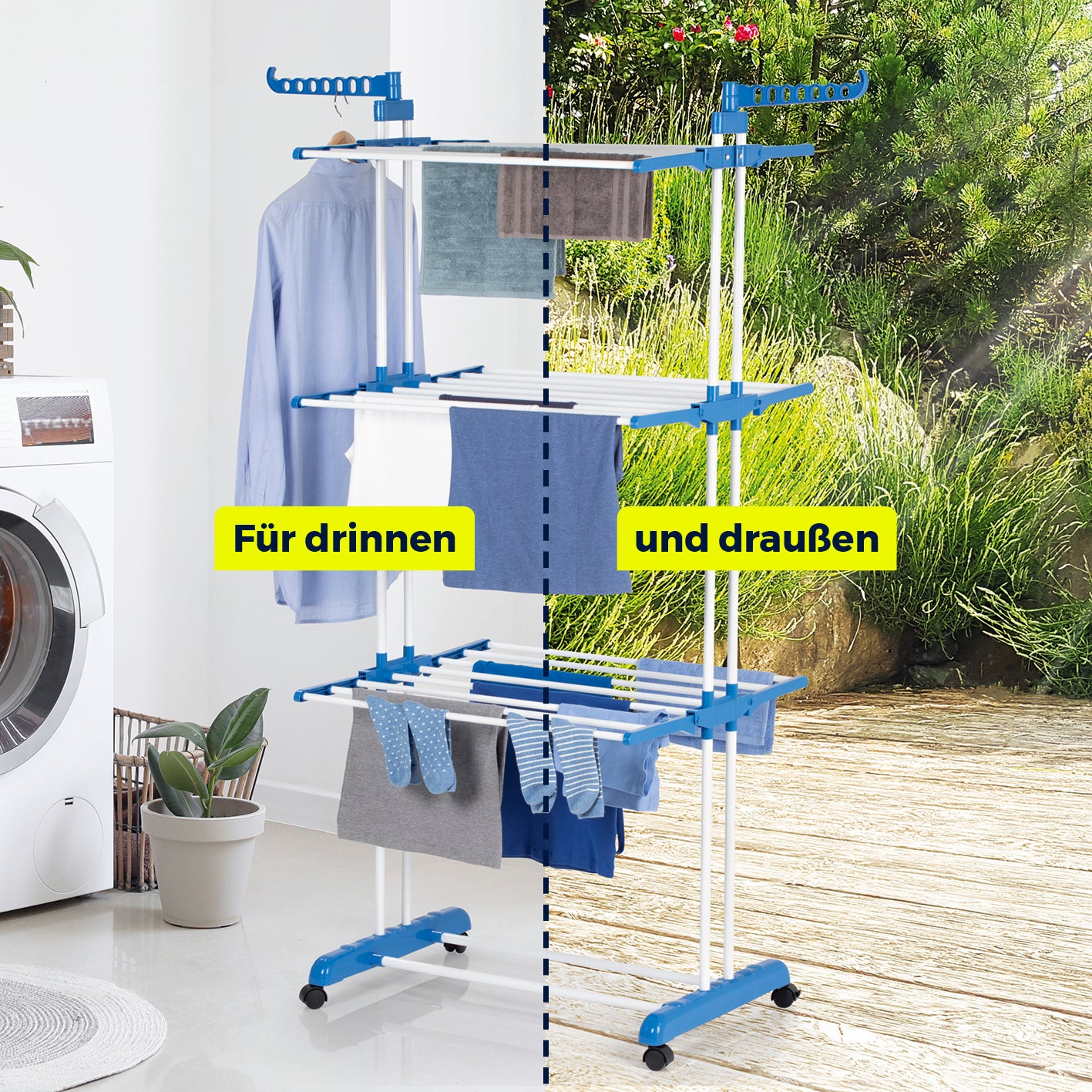 Wäsche-Tower 1600, klappbar mit 3 Ebenen und 2 Flügeln, für drinnen und draußen, platzsparend und mit Rollen.