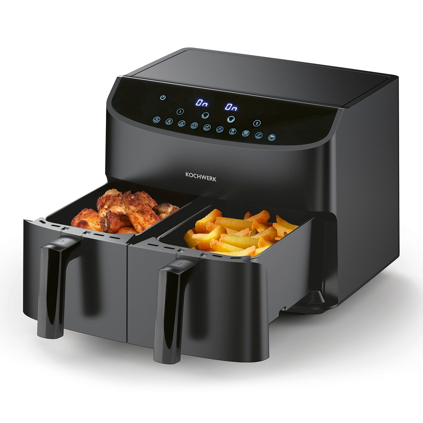Heißluft-Fritteuse Doppelkorb 2x 3,5l mit zwei Körben, digitalem Display und One-Touch-Programmen für vielseitiges Kochen.
