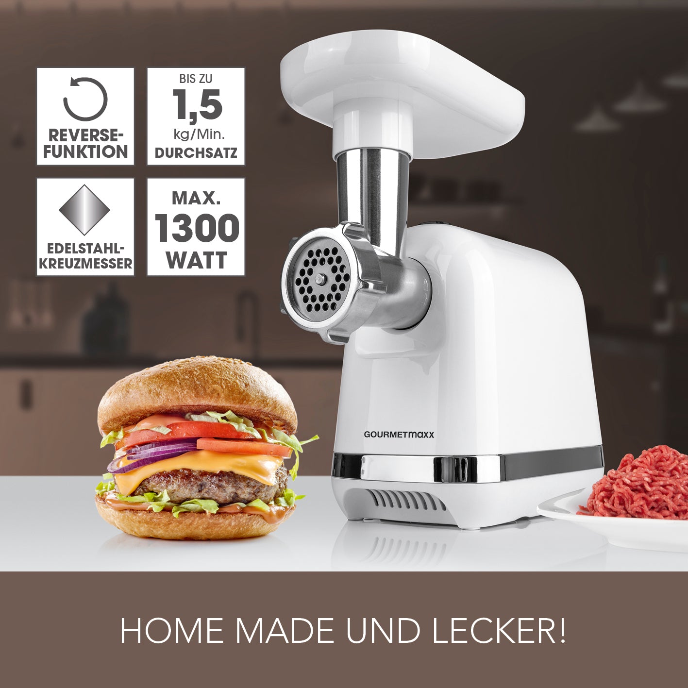 Fleischwolf mit 1300 Watt, Reverse-Funktion und Edelstahlmesser für schnelles und gleichmäßiges Fleischwolf-Verarbeiten.