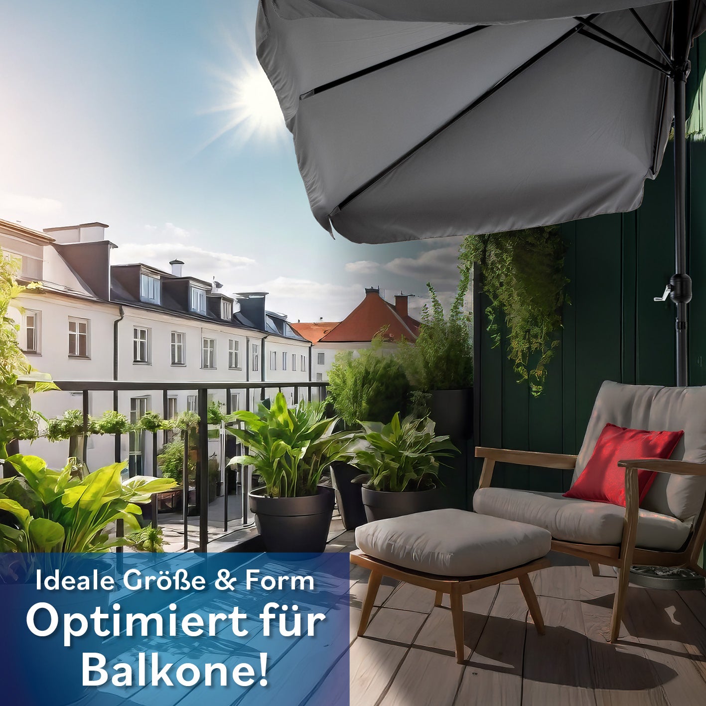 EASYmaxx Sonnenschirm - rechteckig, grau, platzsparend für kleine Balkone, mit UV-Schutz 40+ und praktischem Handkurbelverschluss.