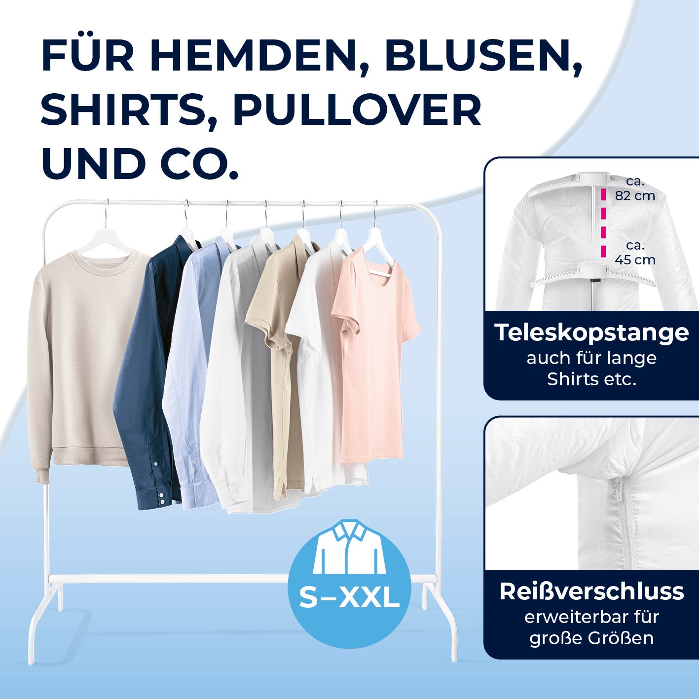 Hemdenbügler PRO - Silber/Weiß mit Teleskopstange und Reißverschluss für verschiedene Hemdgrößen und lange Kleidung.