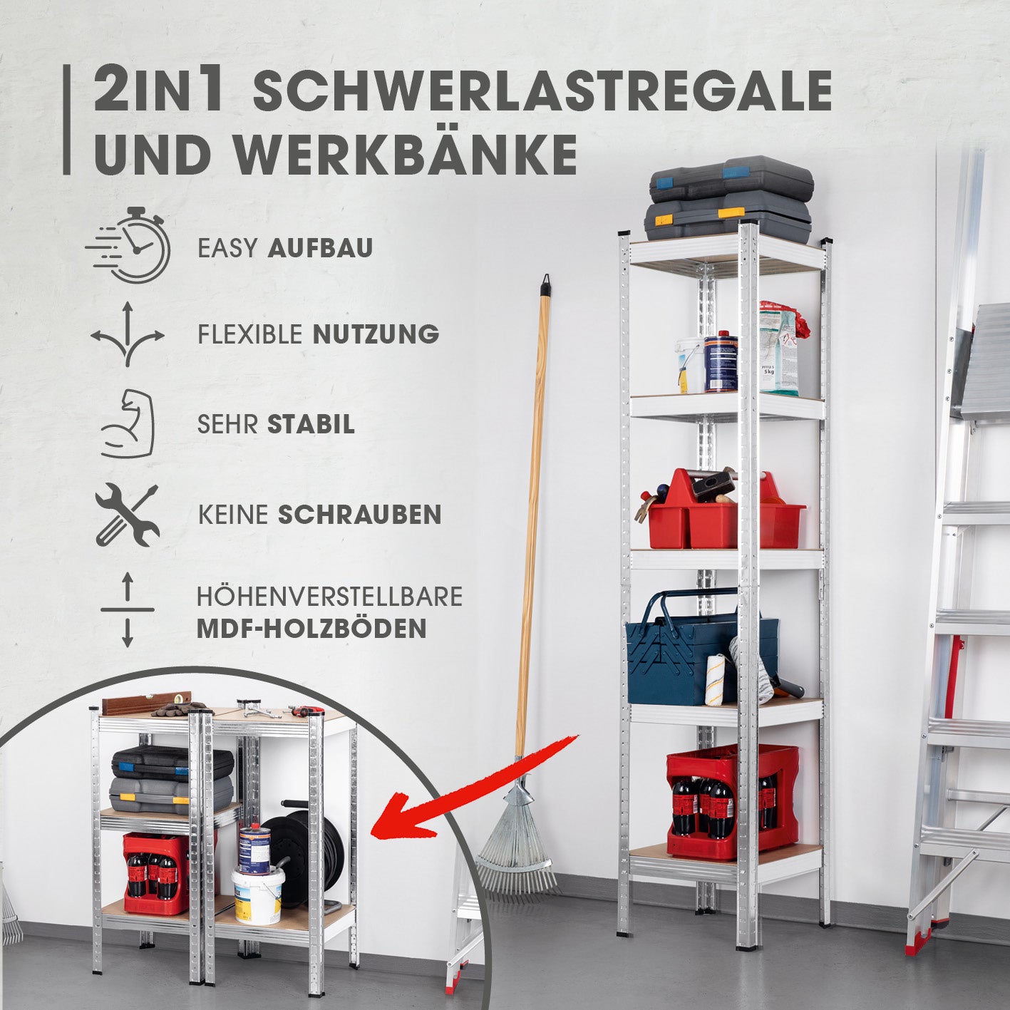 Schwerlastregal & Werkbank - 180 x 40 x 40 cm - 875 kg Traglast, 175 kg pro Ebene, flexibel nutzbar, stabile Metallkonstruktion, leicht montierbar