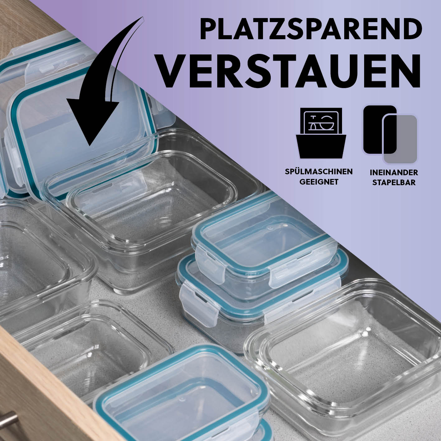 Frischhaltedosen Klick-it, 6-tlg., Mint – luftdichte, stapelbare Glasdosen, spülmaschinengeeignet, platzsparend verstaut im Schrank.