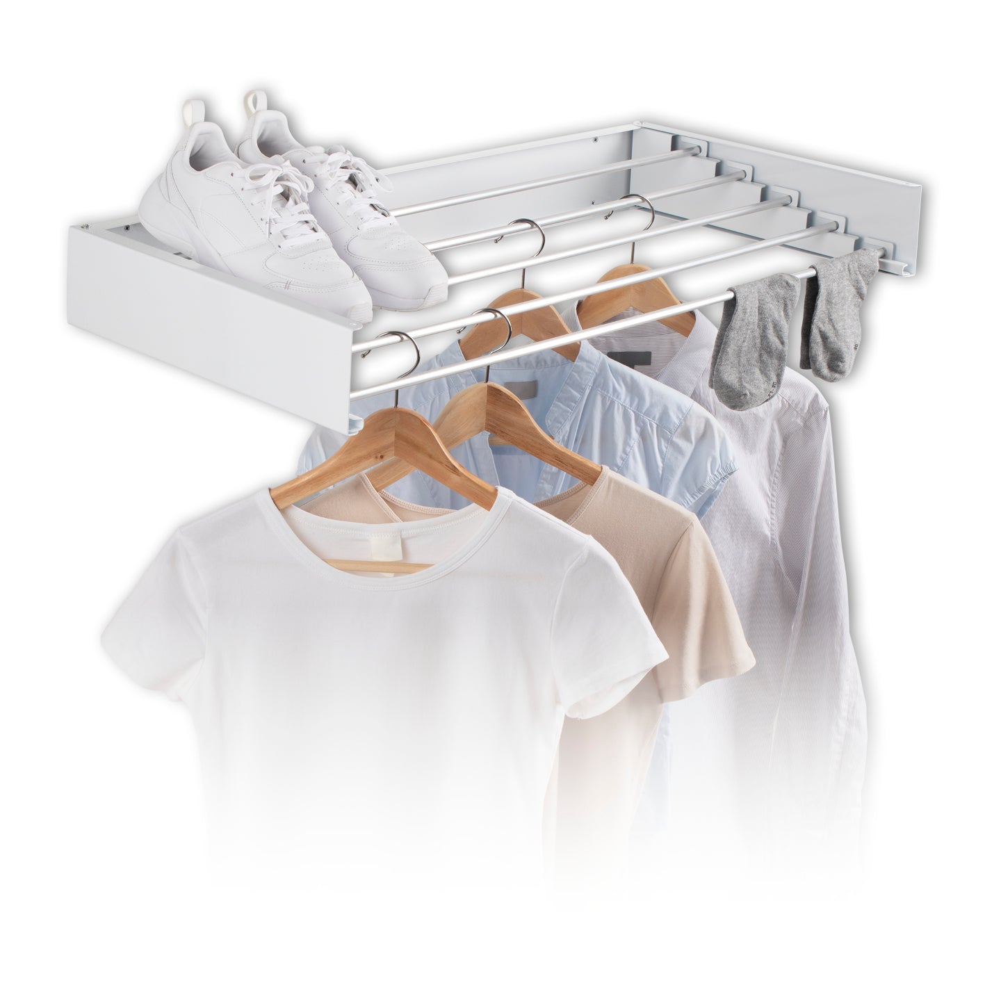 Wandwäschetrockner 400 mit 4 Trockenstangen, platzsparend, faltbar, ideal für Wäsche und Schuhe in kleinen Räumen und auf Balkonen.