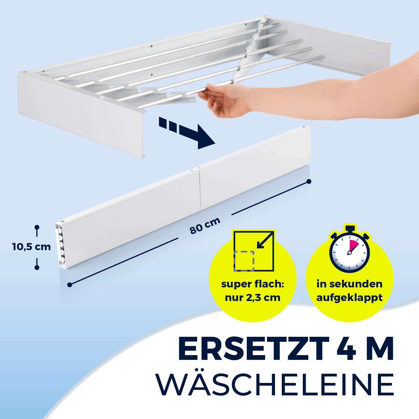 Wandwäschetrockner 400, platzsparend, klappbar, 80 cm breit, 2,3 cm flach, schnell montiert, ideal für kleine Räume und Innen- oder Außenbereich.