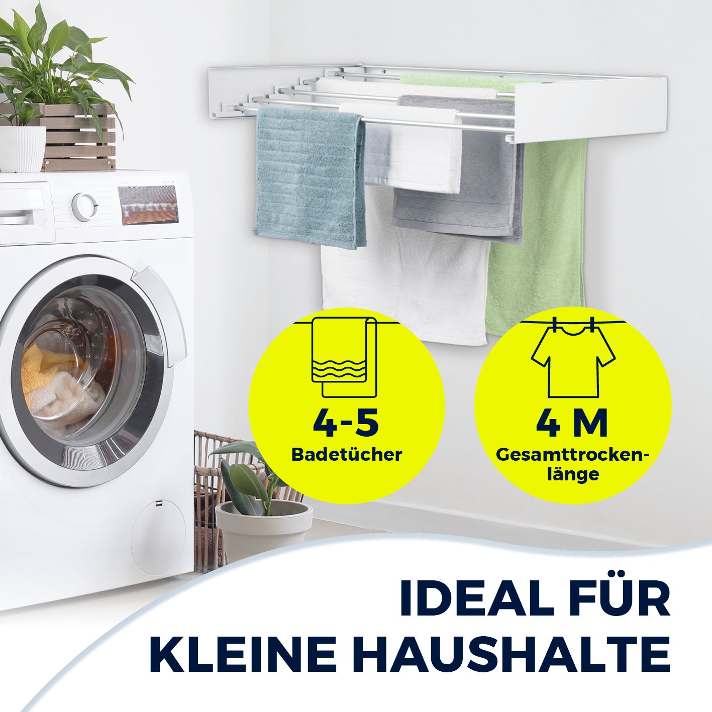 Wandwäschetrockner 400 klappbar an Wand montiert mit 4 Metern Trockenlänge, ideal für 4-5 Badetücher und kleine Haushalte.