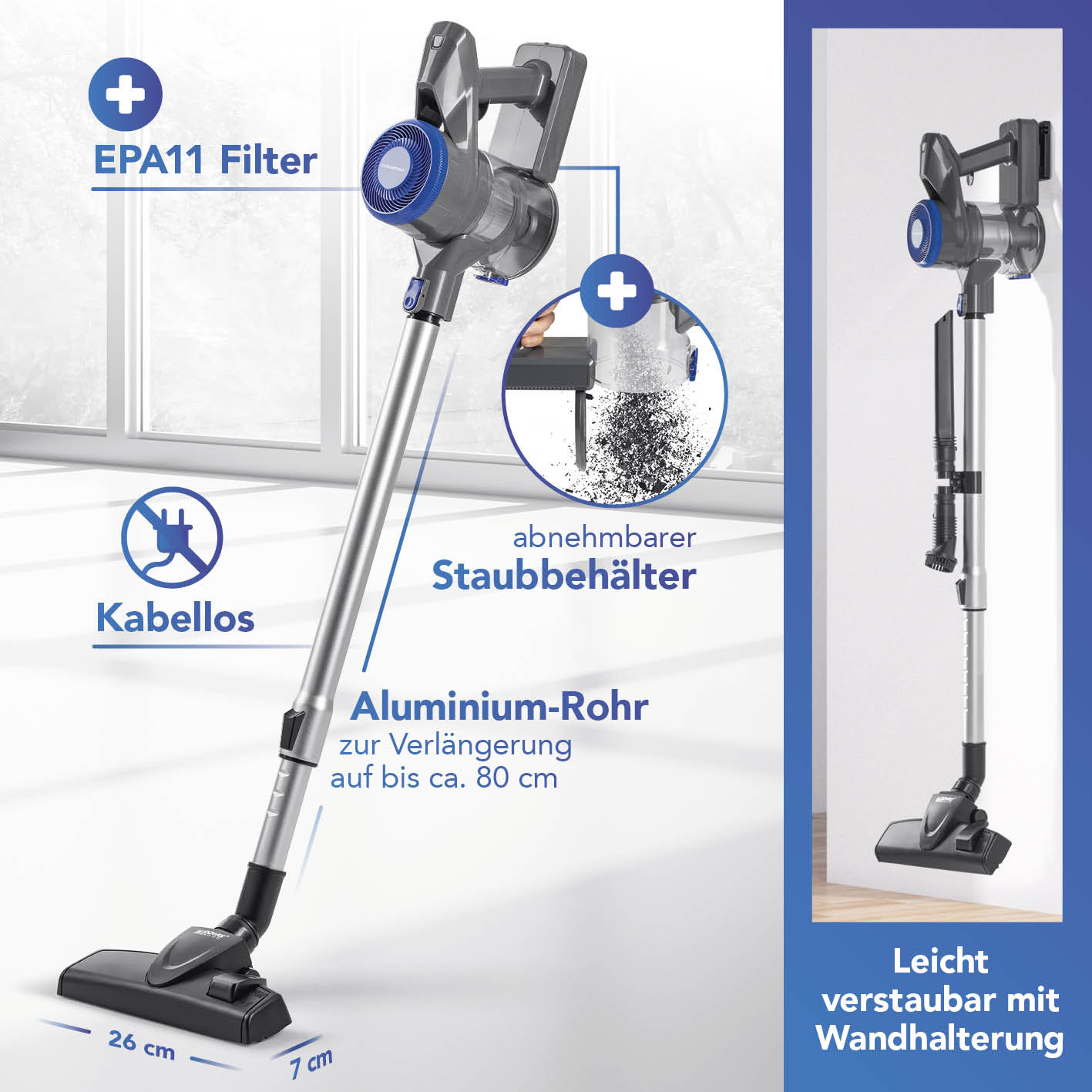 Akku-Hand- & Bodenstaubsauger - anthrazit/blau mit kabellosem Zyklonstaubsauger, abnehmbarem Staubbehälter und Wandhalterung.