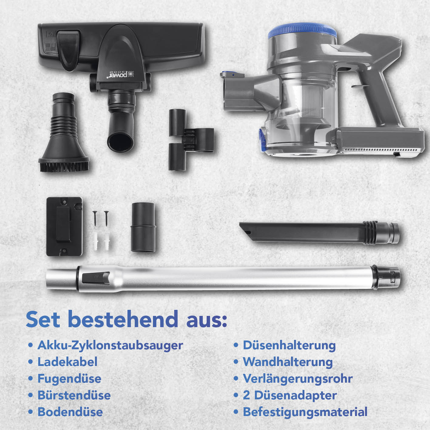 Akku-Hand- & Bodenstaubsauger - anthrazit/blau mit vielseitigem Zubehör für gründliche Reinigung und einfache Wandmontage.