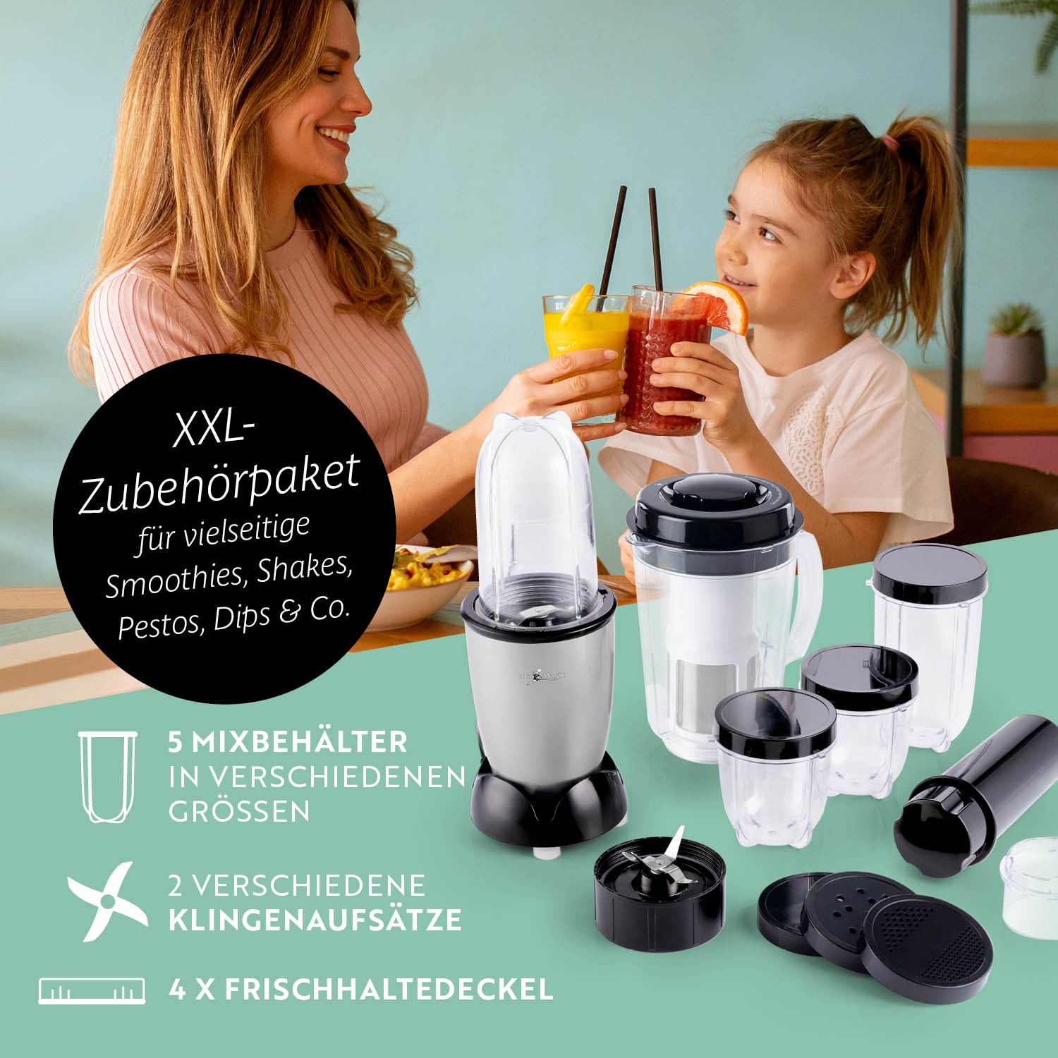 Mr. Magic Mixer - Silber/Schwarz mit 18-teiligem XXL-Set, 5 Behältern, 2 Klingenaufsätzen und Frischhaltedeckeln für vielseitiges Mixen.