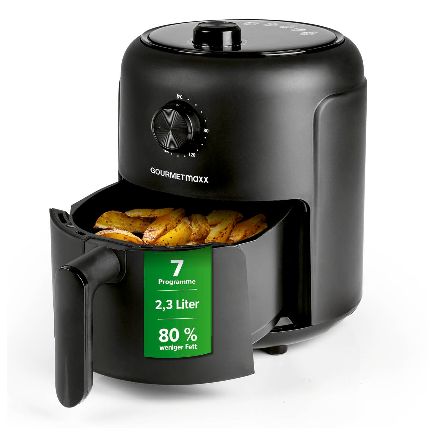 Heißluftfritteuse - 2,3 l mit 7 Programmen, 80 % weniger Fett, 2,3 Liter Fassungsvermögen, ideal für fettarmes Frittieren.