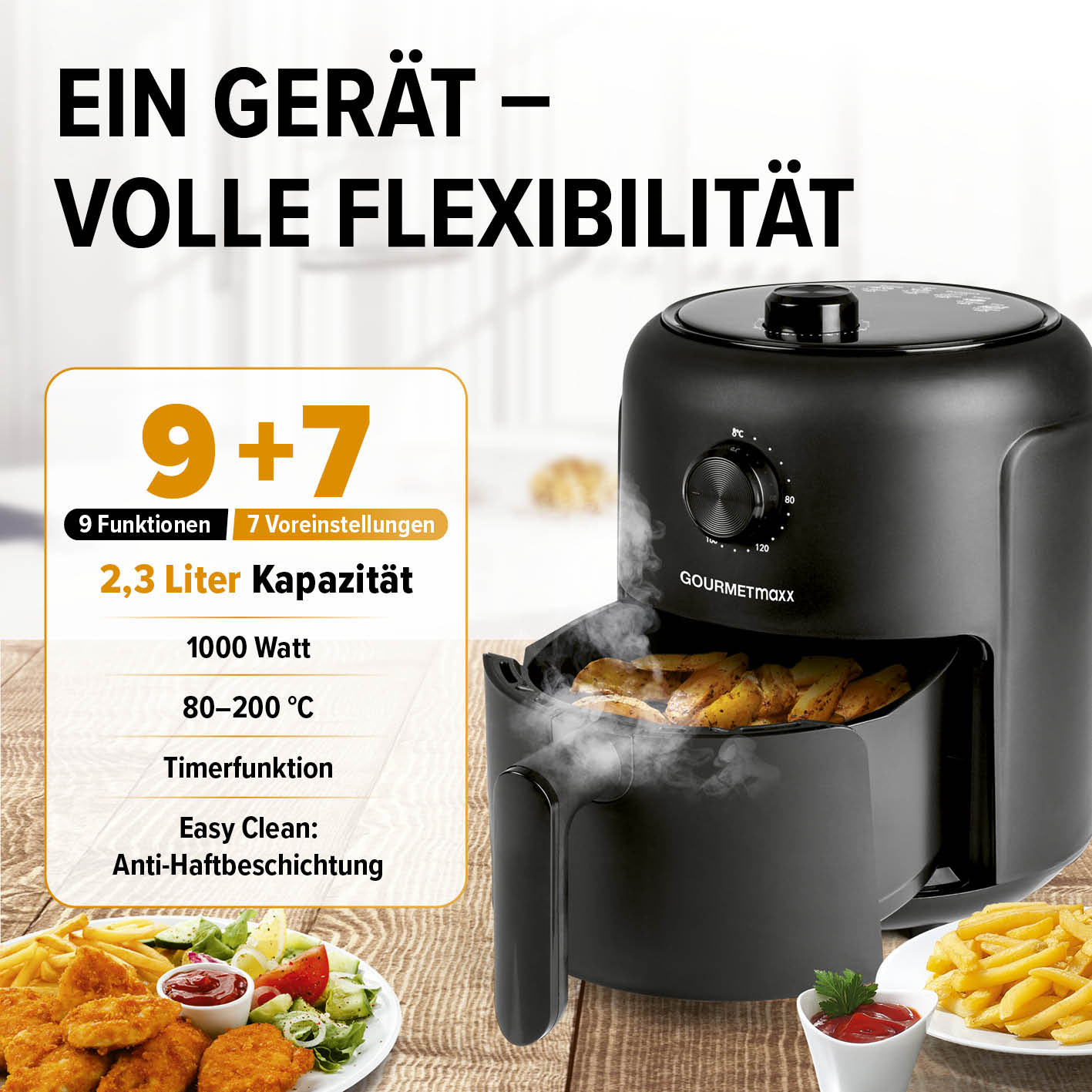 Heißluftfritteuse - 2,3 l mit 9 Funktionen, 7 Programmen, 1000 W, 2,3 Liter, Timer und Anti-Haftbeschichtung.