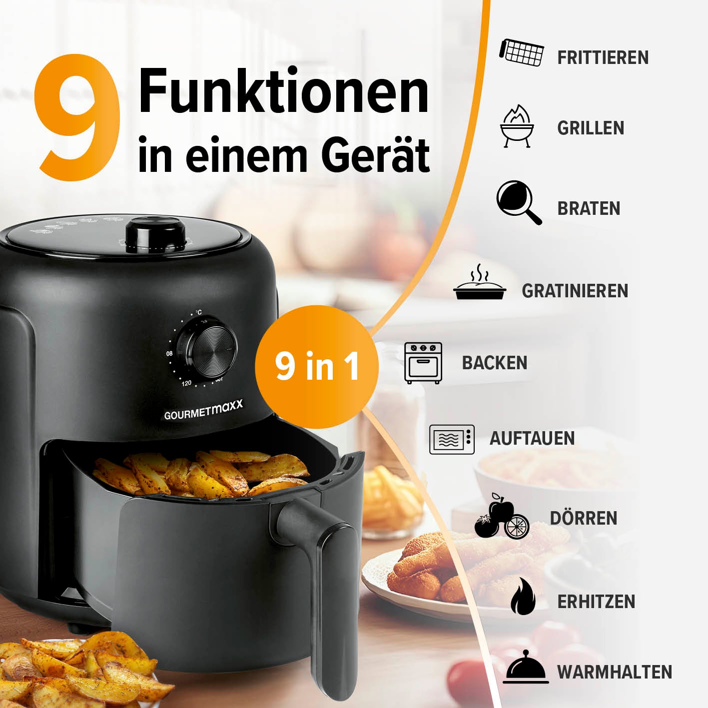 Heißluftfritteuse - 2,3 l mit 9 Funktionen wie Frittieren, Grillen, Braten, Backen, Auftauen und mehr für vielseitiges Kochen.