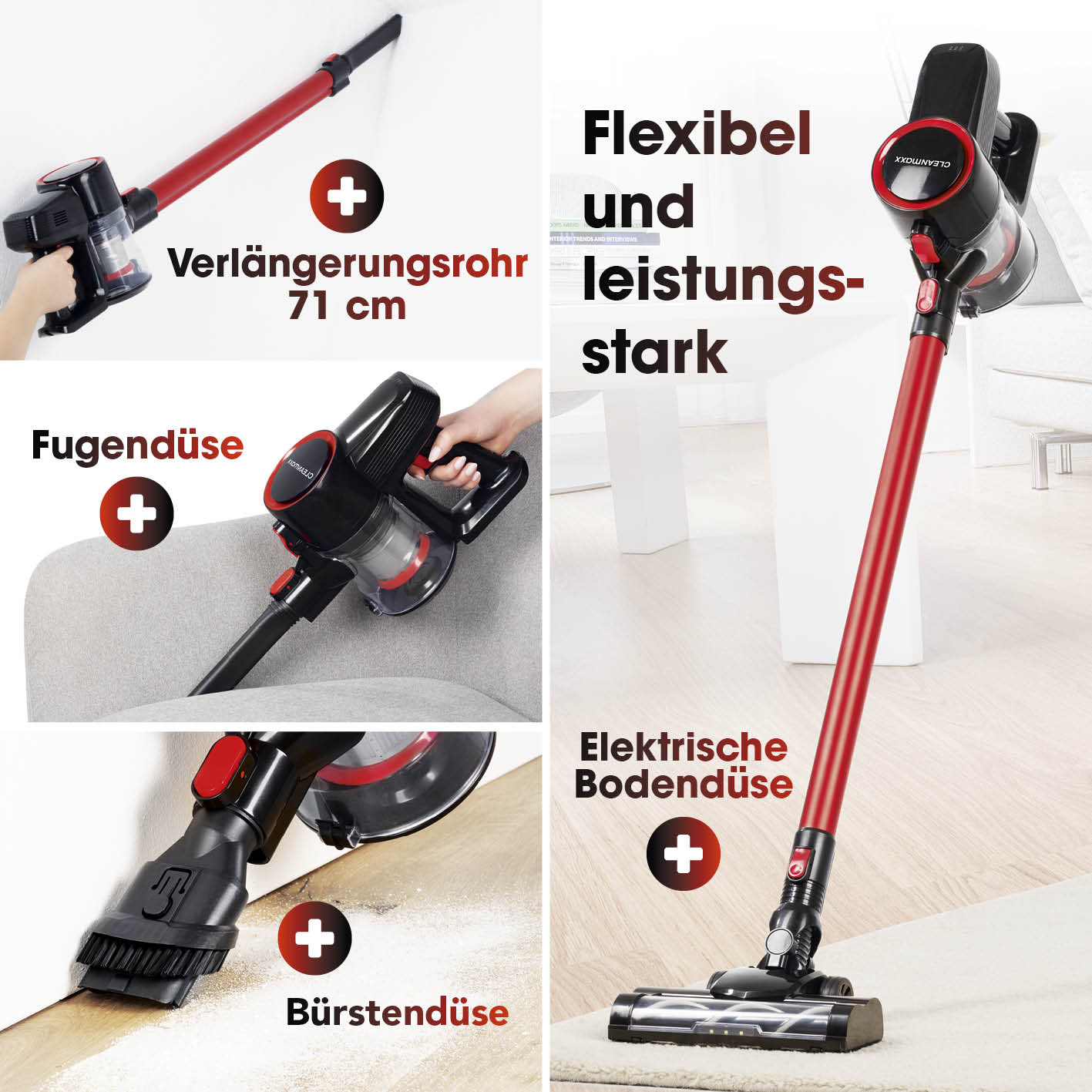 Akku-Zyklon-Staubsauger mit elektr. Bodendüse, Verlängerungsrohr, Fugendüse und Bürstendüse für flexible, kraftvolle Reinigung.